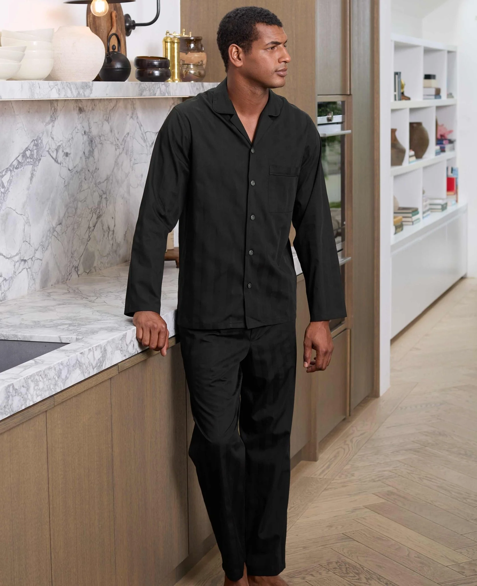 Black Cotton Satin Stripe Piped Pyjamas - Image 3
