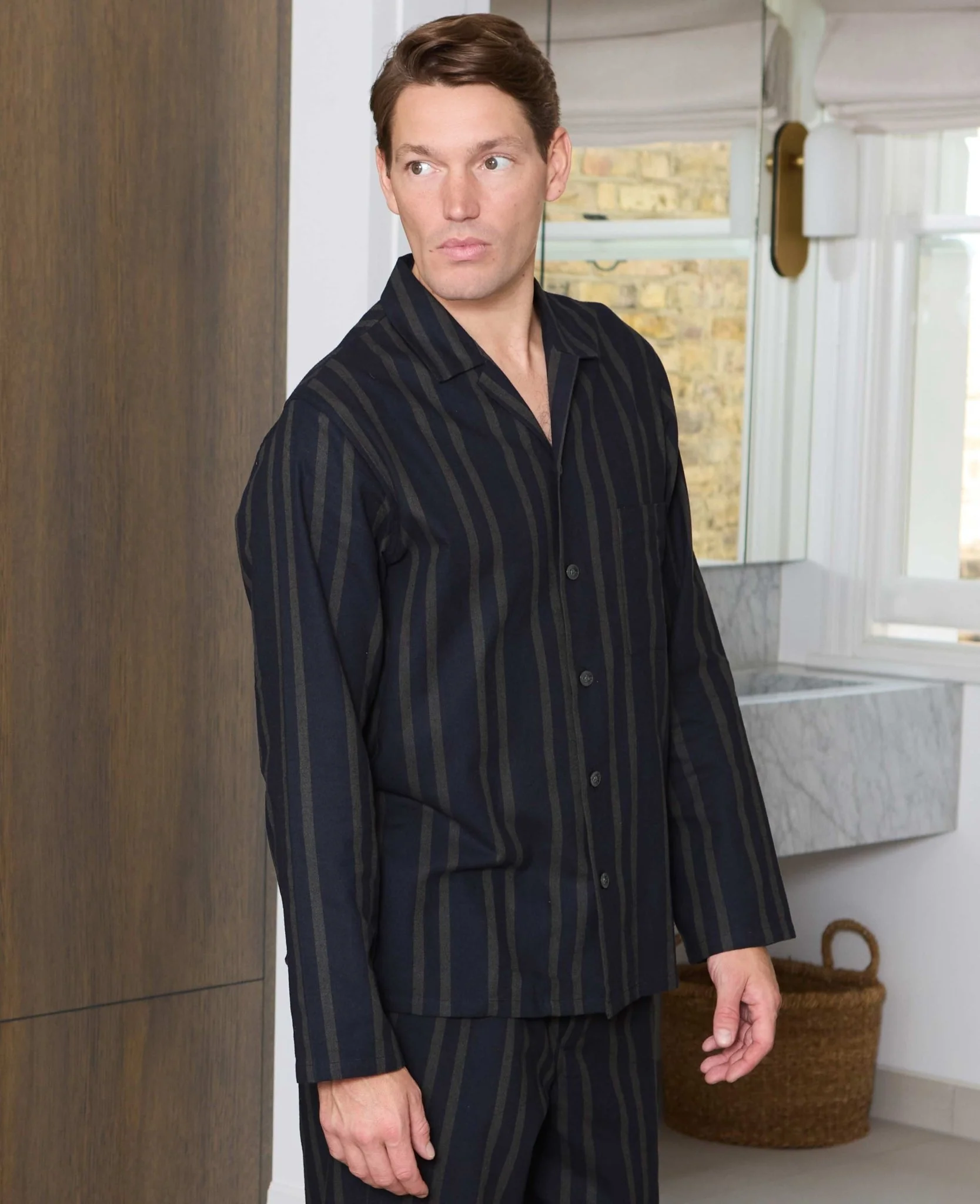 Black Grey Brushed Cotton Twill Striped Pyjamas - Image 3