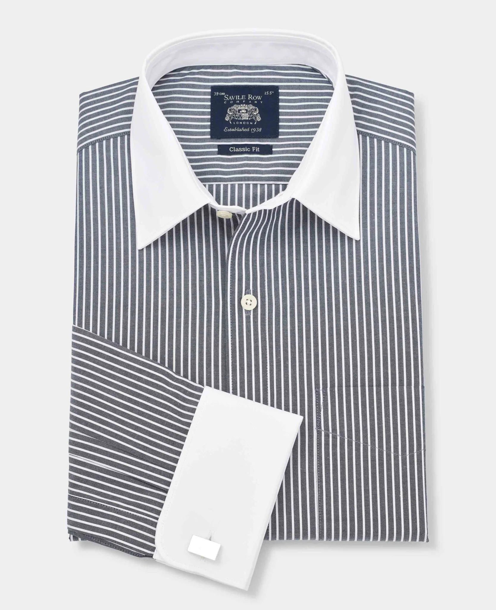 Black White Stripe Classic Fit Formal Shirt With White Collar & Cuffs - Double Cuff - Image 3
