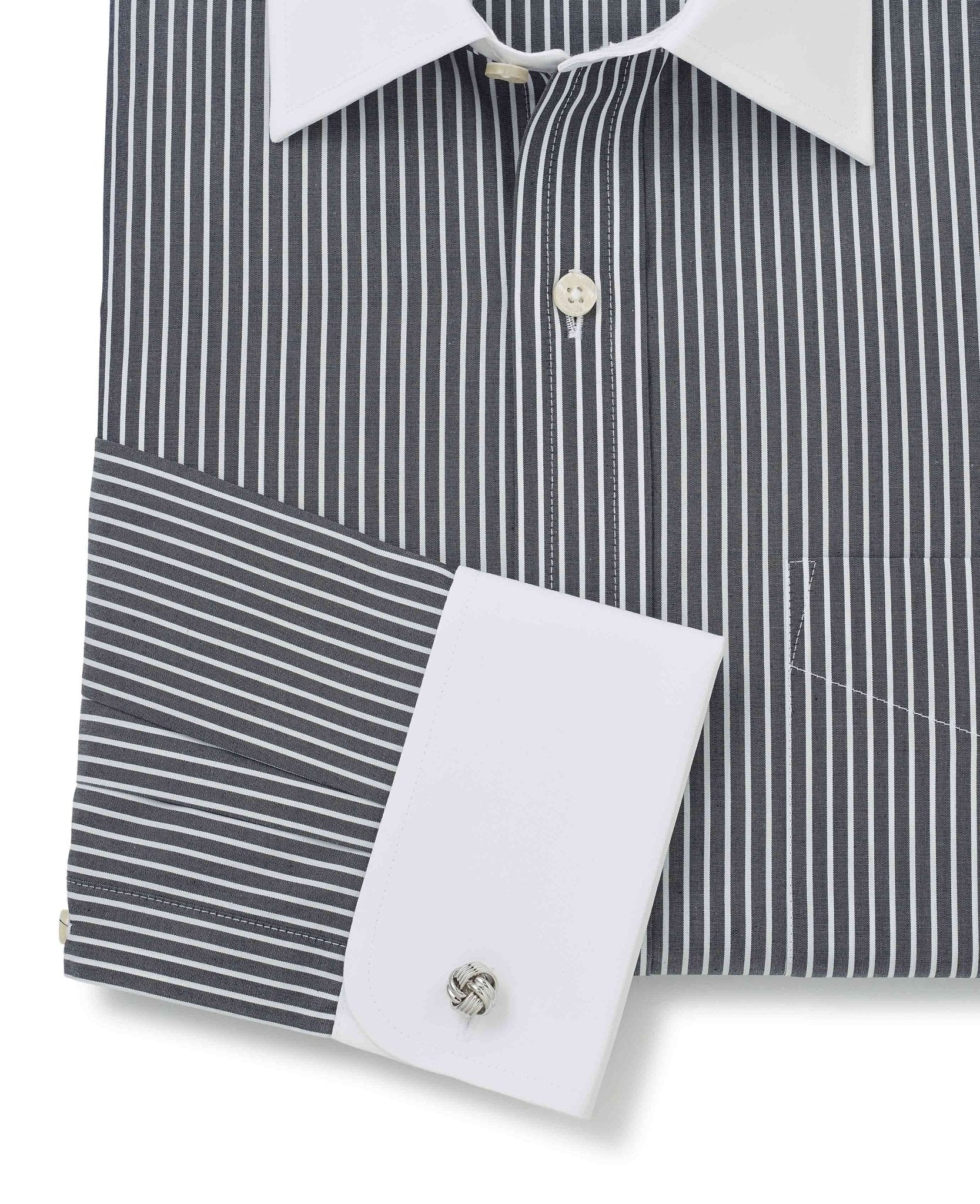Black White Stripe Classic Fit Formal Shirt With White Collar & Cuffs - Double Cuff - Image 5