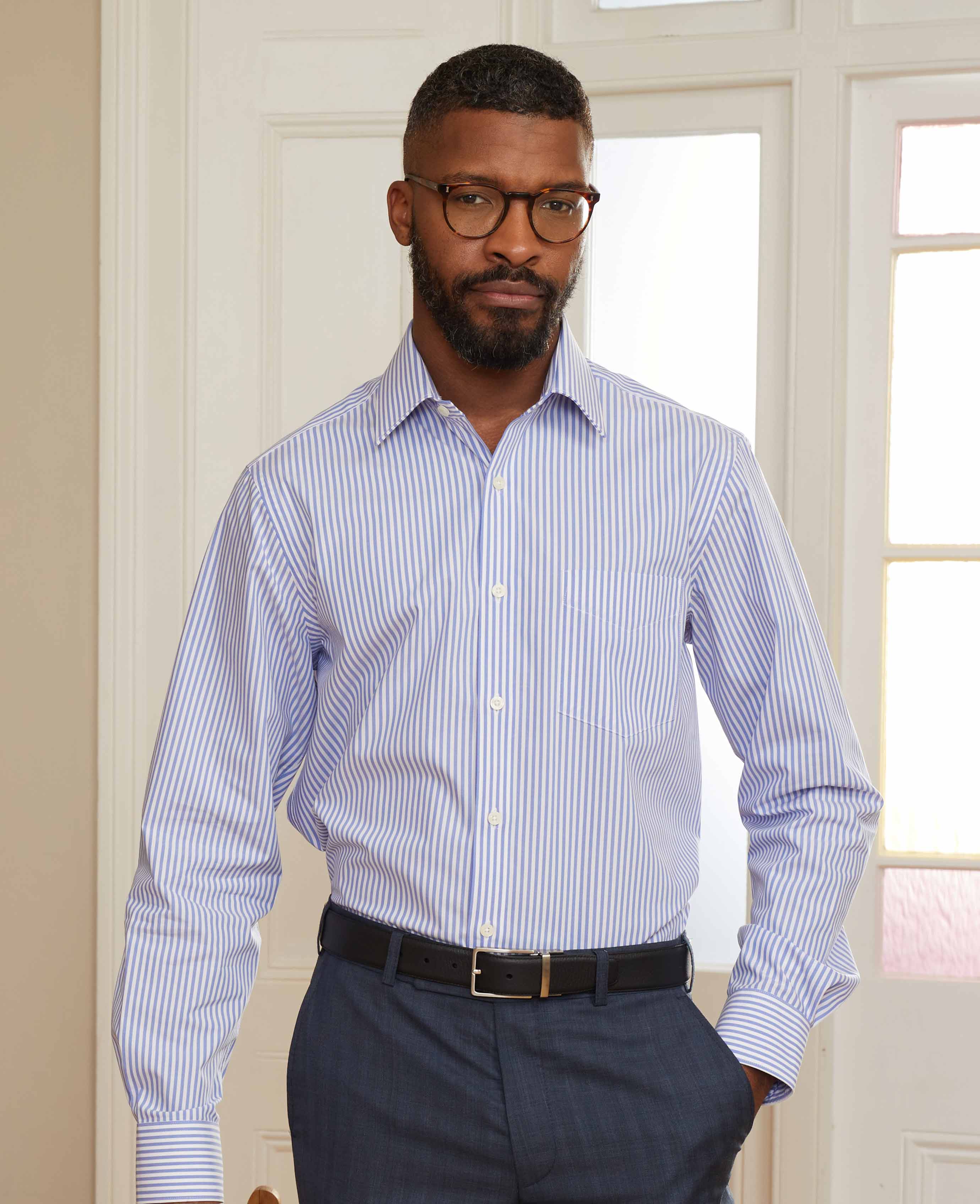 Blue Classic Fit Striped Formal Shirt - Single Cuff - Image 5