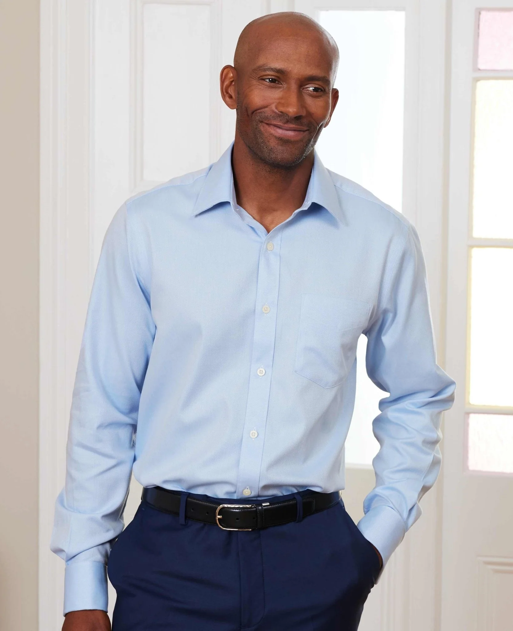 Blue Cotton Herringbone Classic Fit Formal Shirt - Double Cuff - Image 3