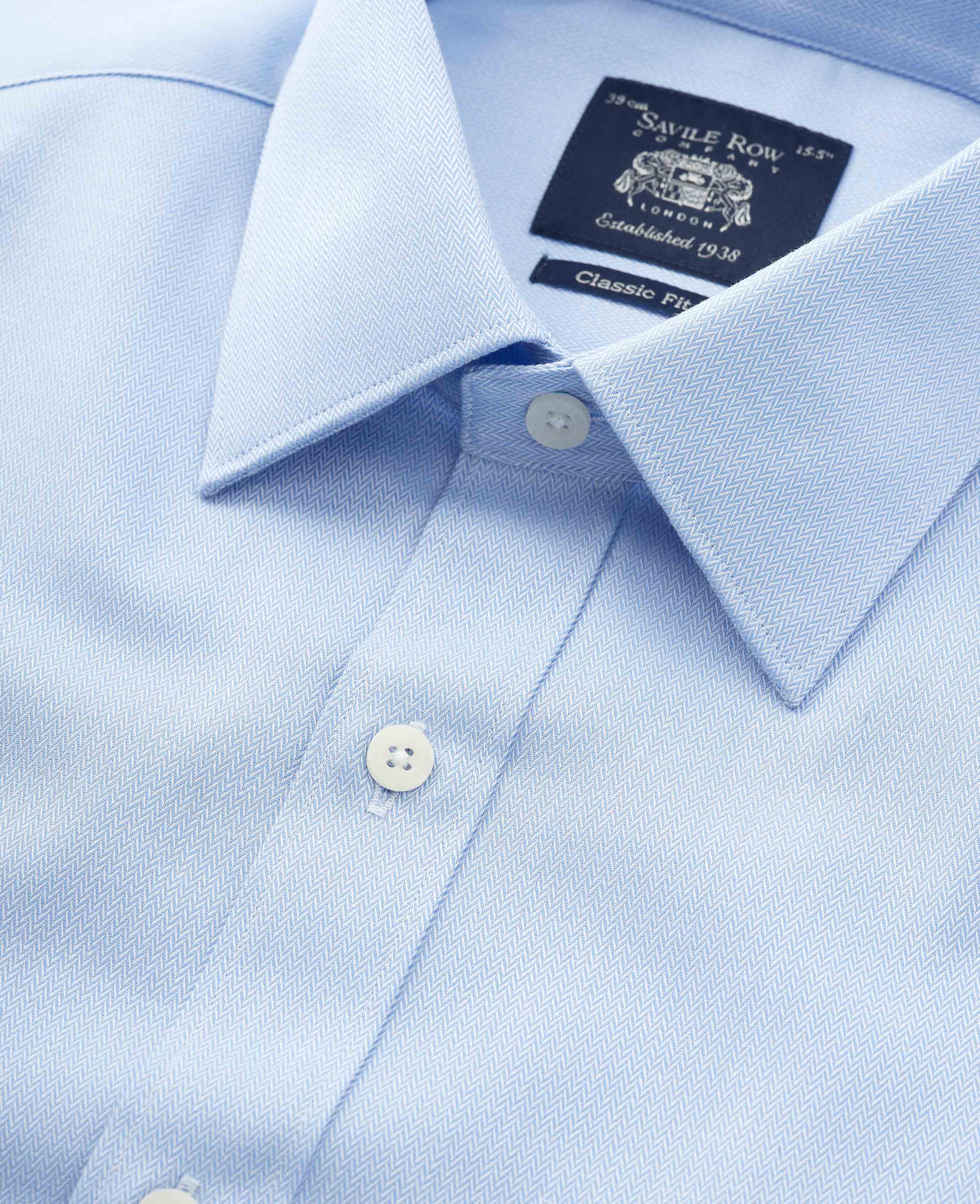 Blue Cotton Herringbone Classic Fit Formal Shirt - Double Cuff - Image 4