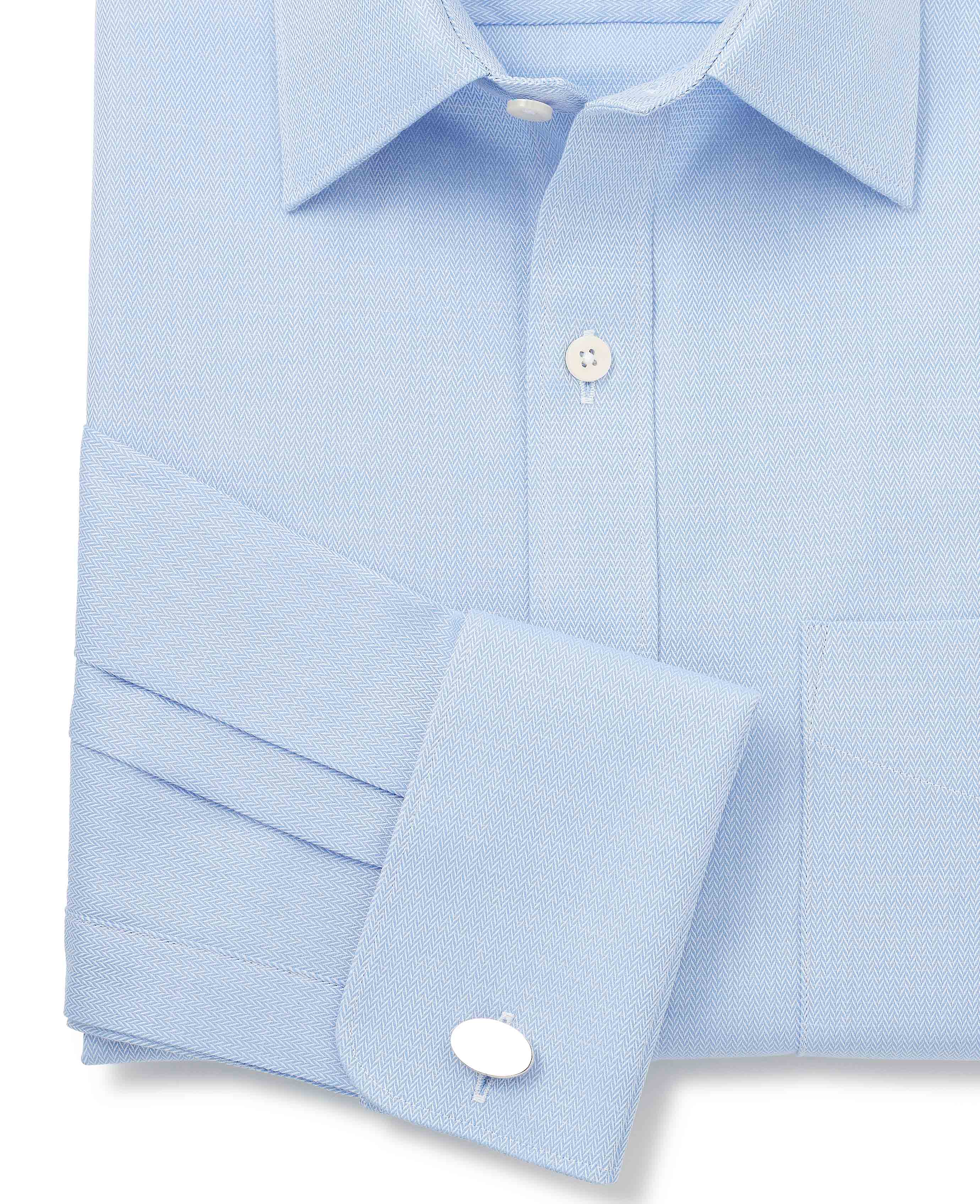 Blue Cotton Herringbone Classic Fit Formal Shirt - Double Cuff - Image 6