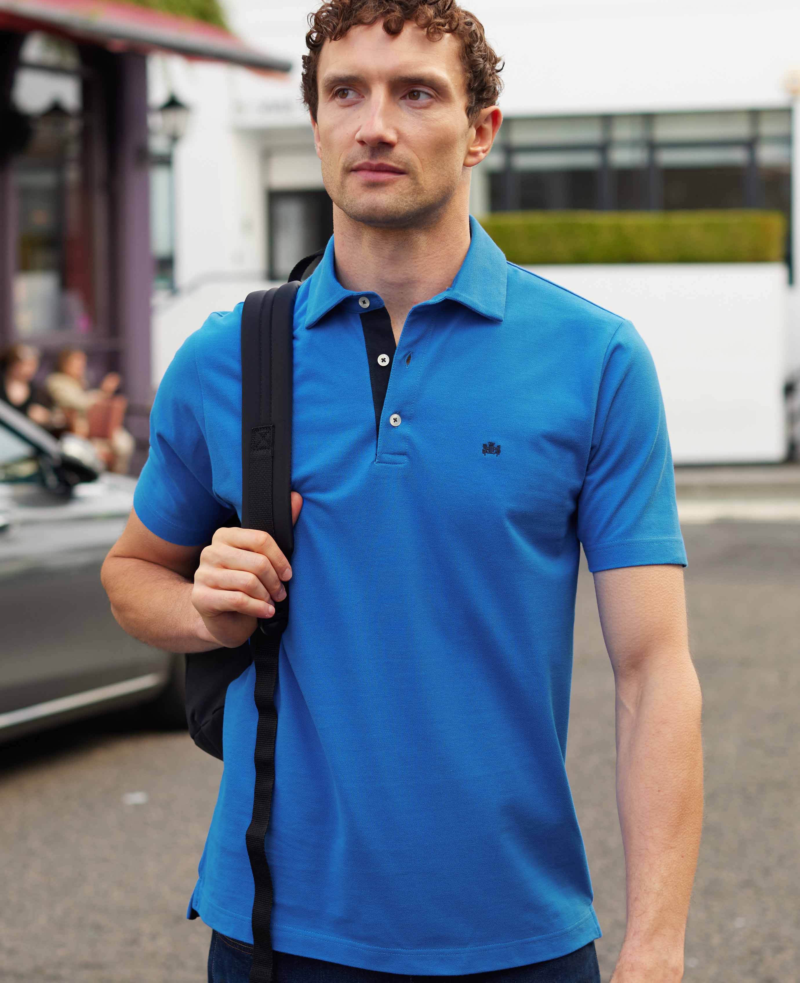 Blue Cotton Pique Short Sleeve Polo Shirt - Image 3