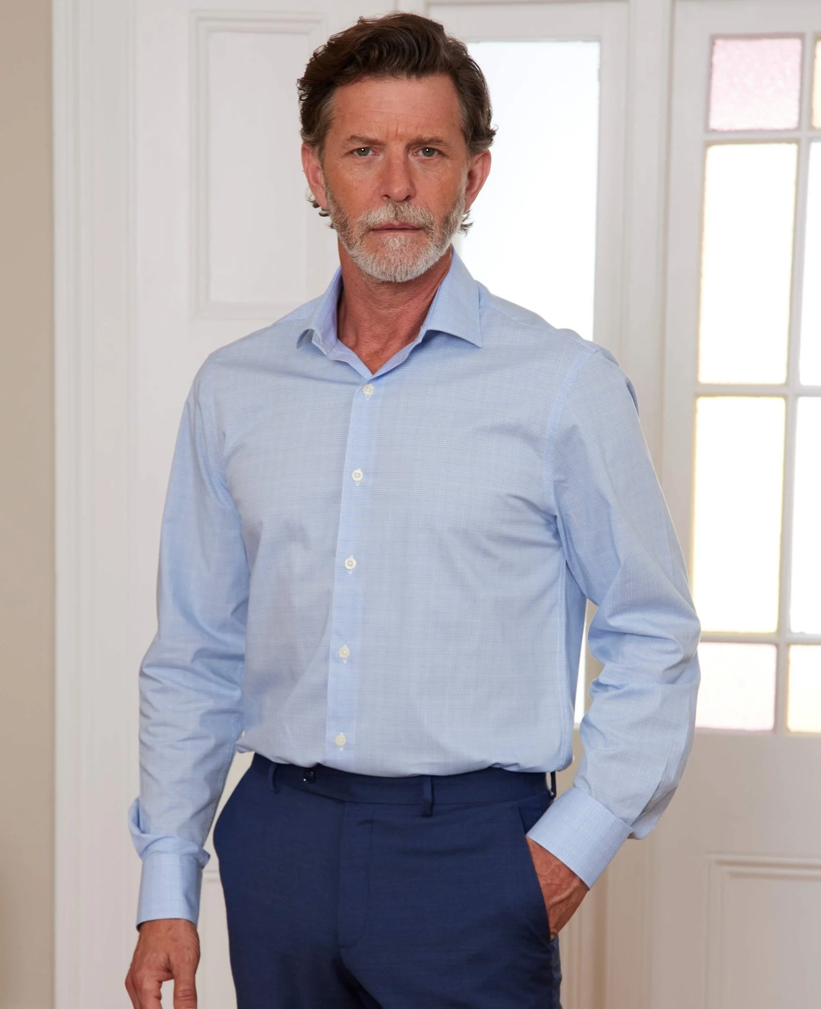 Blue Cotton Prince of Wales Check Slim Fit Formal Shirt - Single Cuff - Image 6