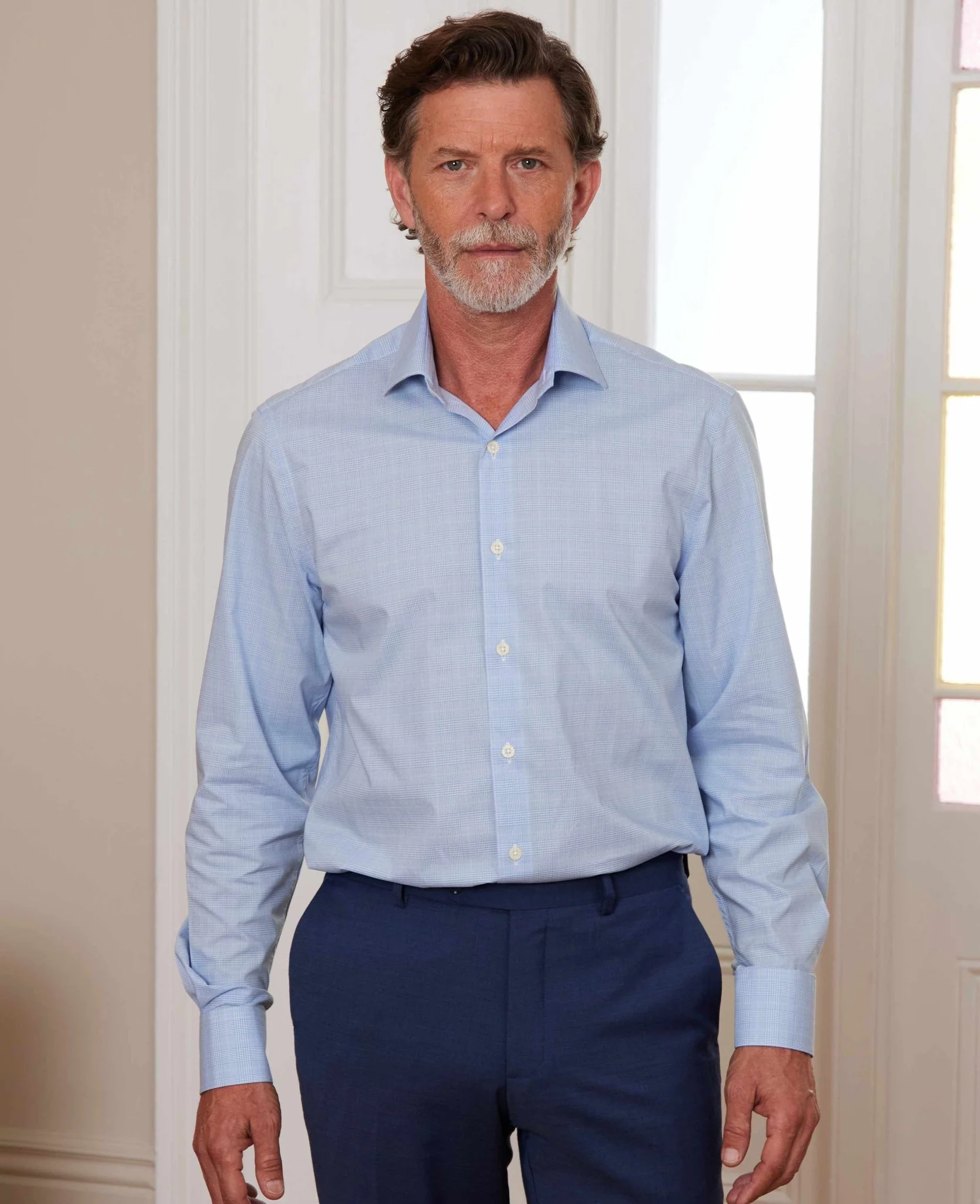 Blue Cotton Prince of Wales Check Slim Fit Formal Shirt - Single Cuff - Image 7