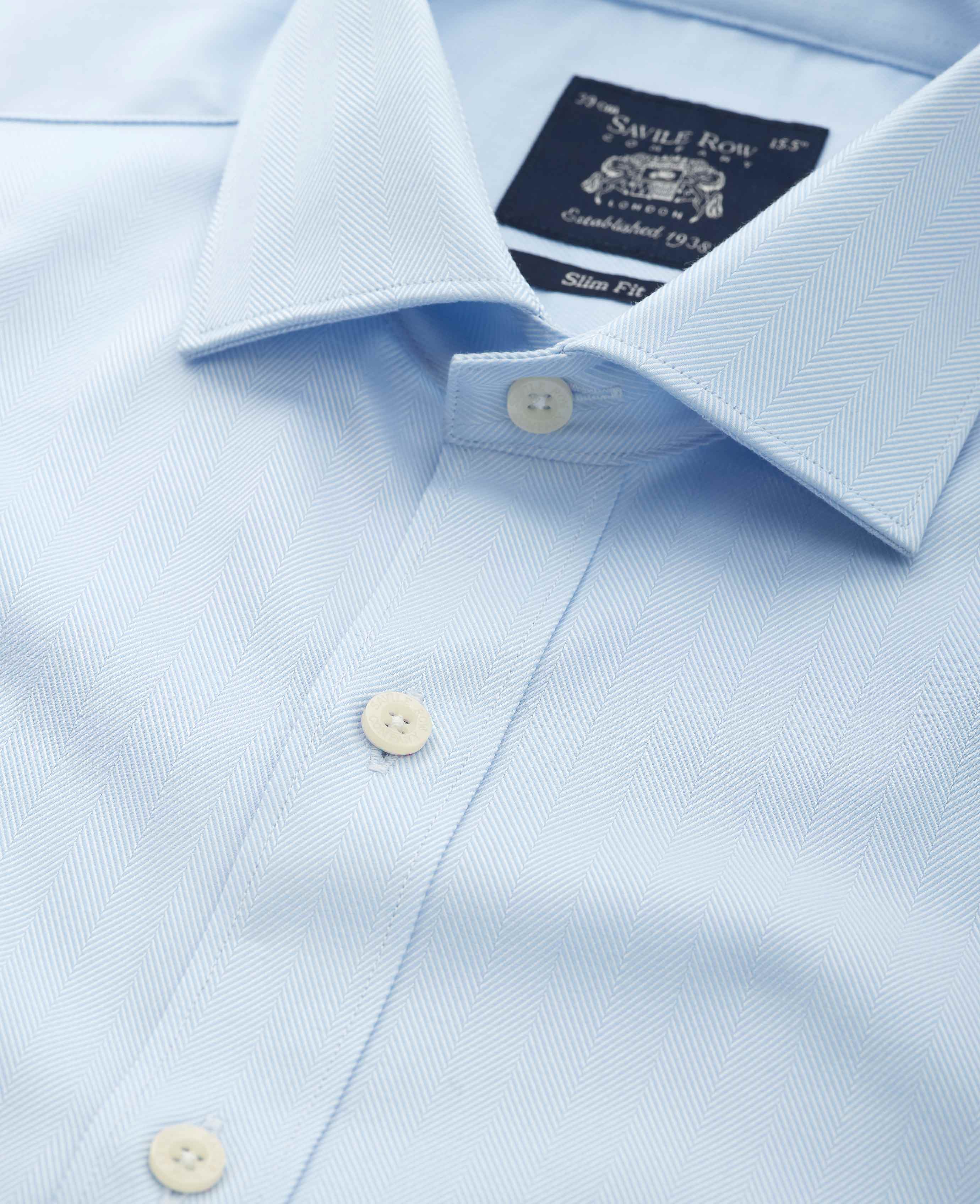 Blue Herringbone Cotton Slim Fit Formal Shirt - Single Cuff - Image 3