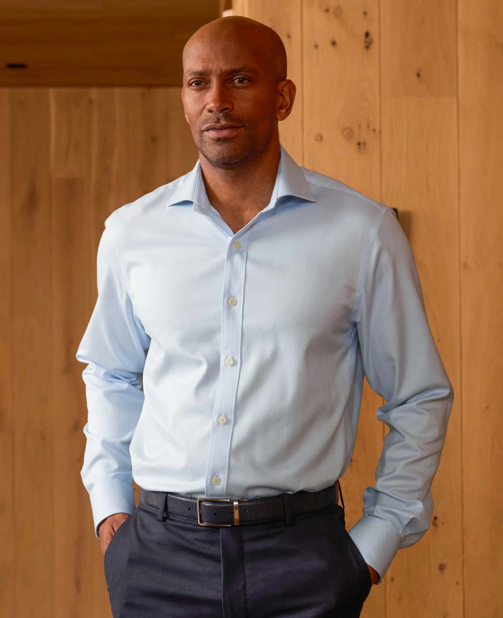 Blue Herringbone Cotton Slim Fit Formal Shirt - Single Cuff - Image 4