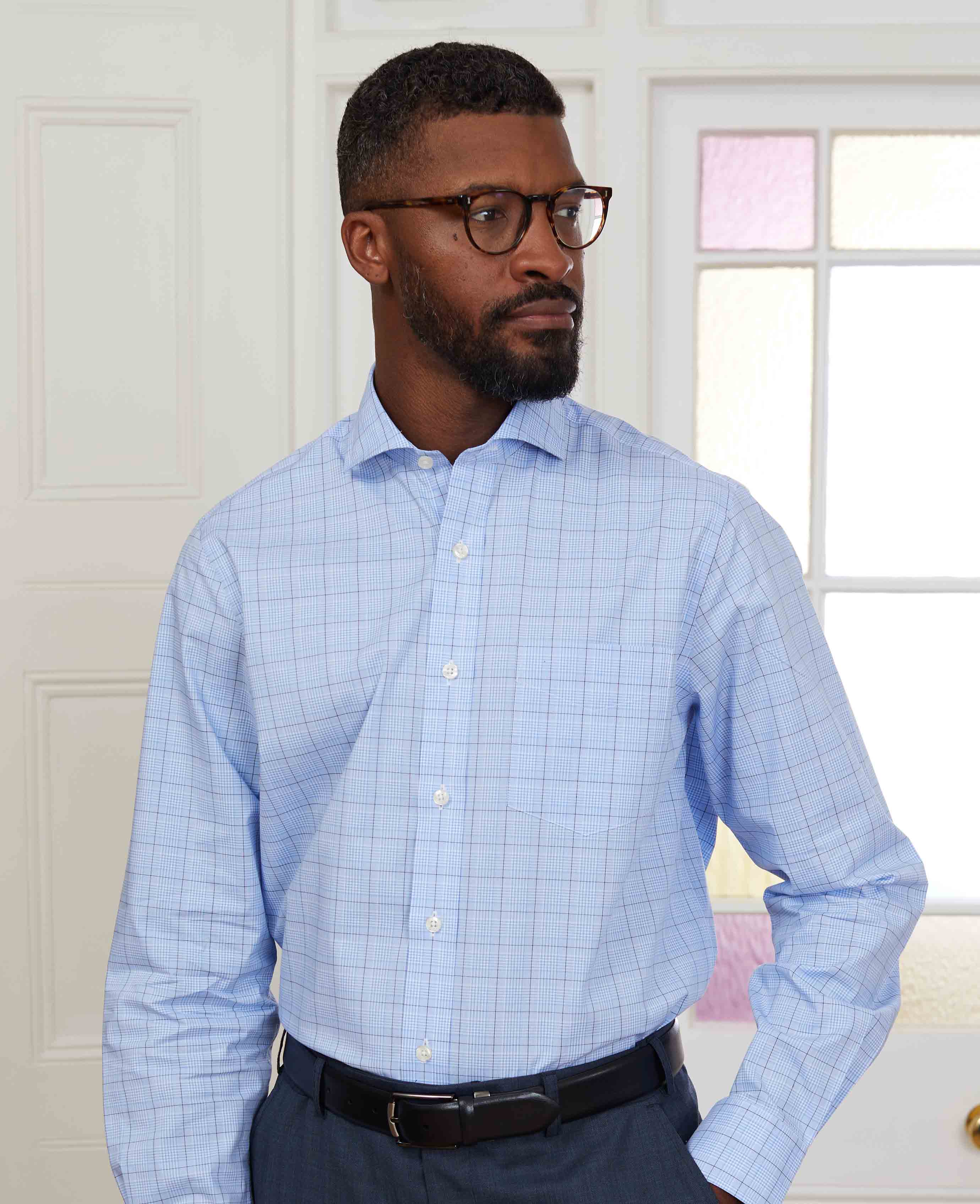 Blue Navy Prince Of Wales Check Classic Fit Formal Shirt - Single Cuff - Image 4