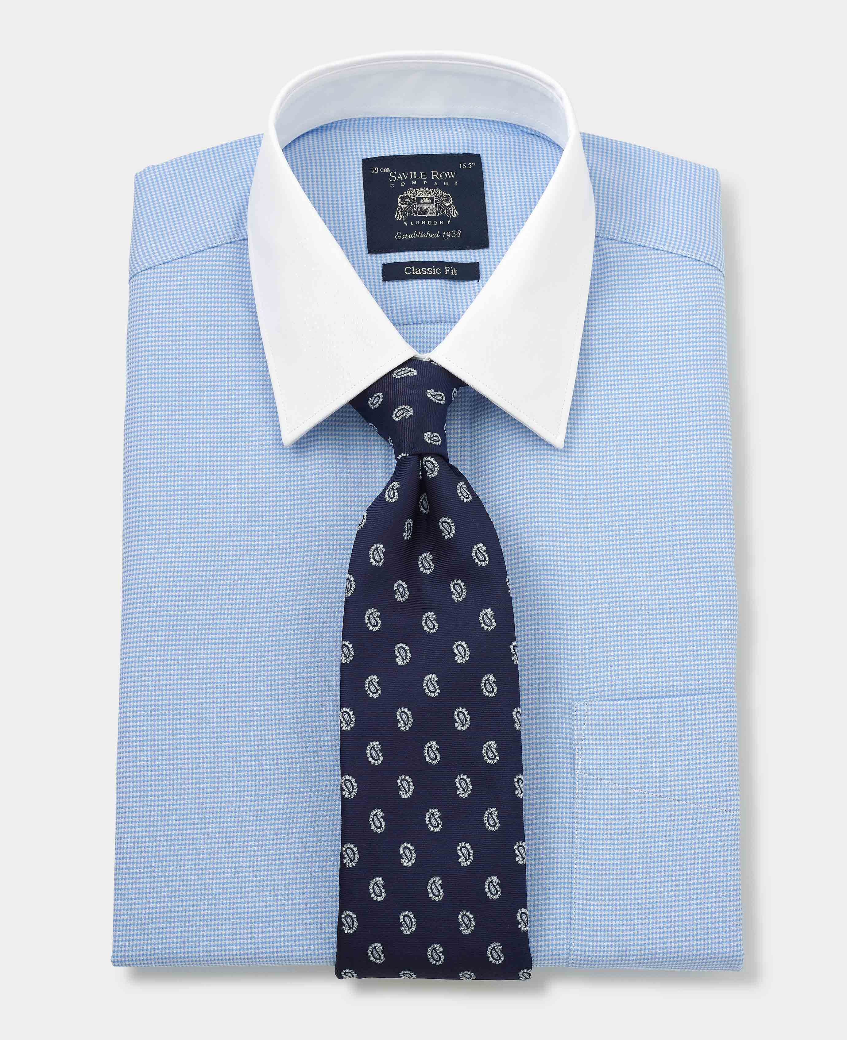 Blue Puppytooth Classic Fit Contrast Collar Shirt - Double Cuff - Image 4