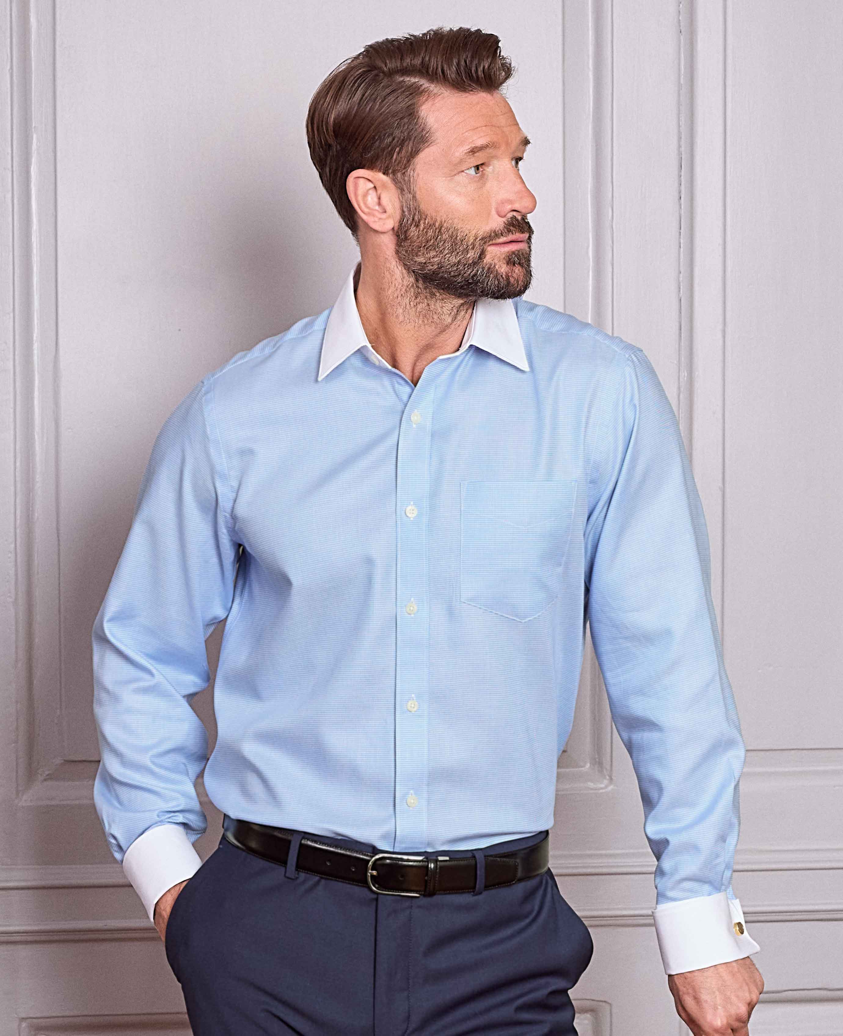 Blue Textured Cotton Puppytooth Classic Fit Winchester Formal Shirt - Double Cuff - Image 5