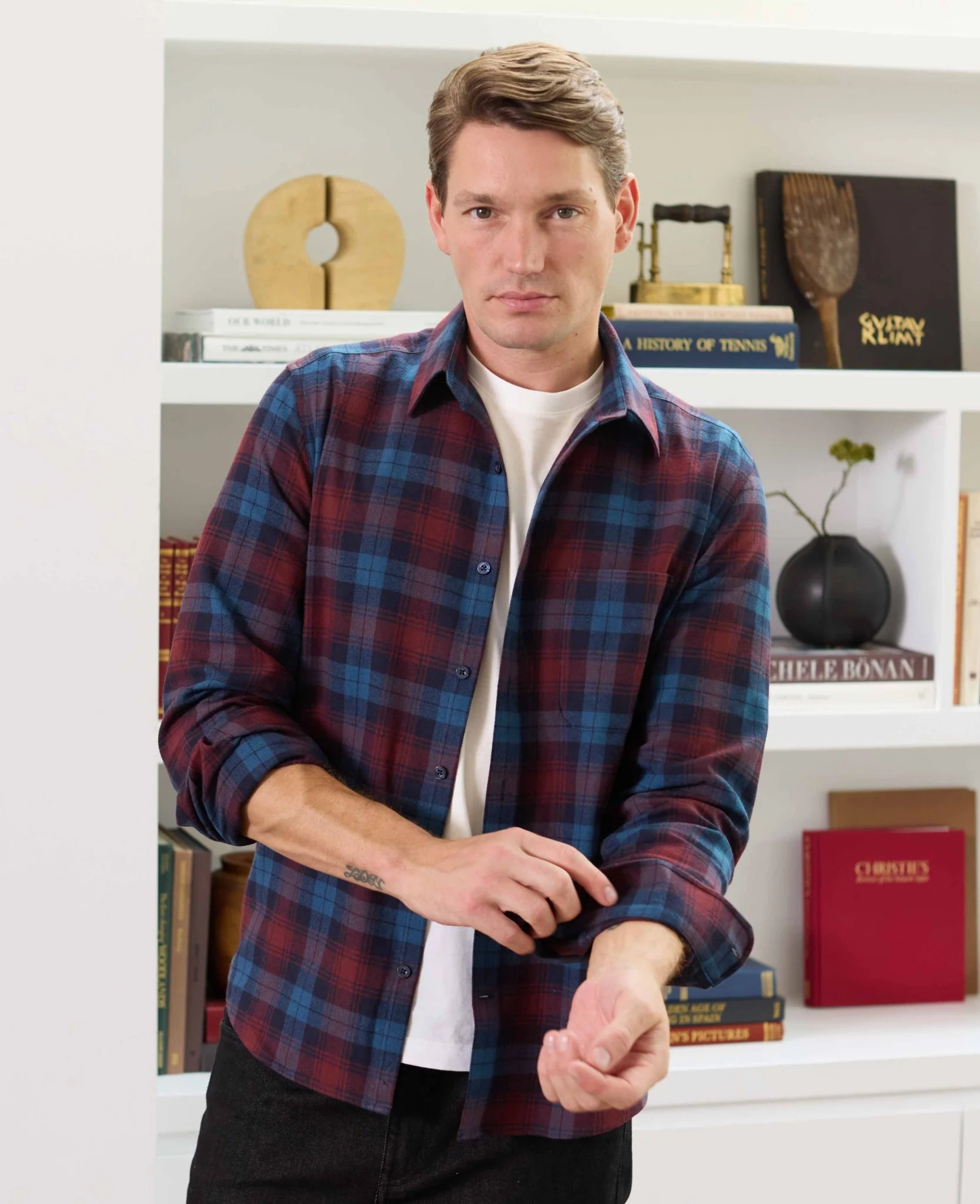 Burgundy Navy Brushed Cotton Check Slim Fit Casual Shirt - Image 3