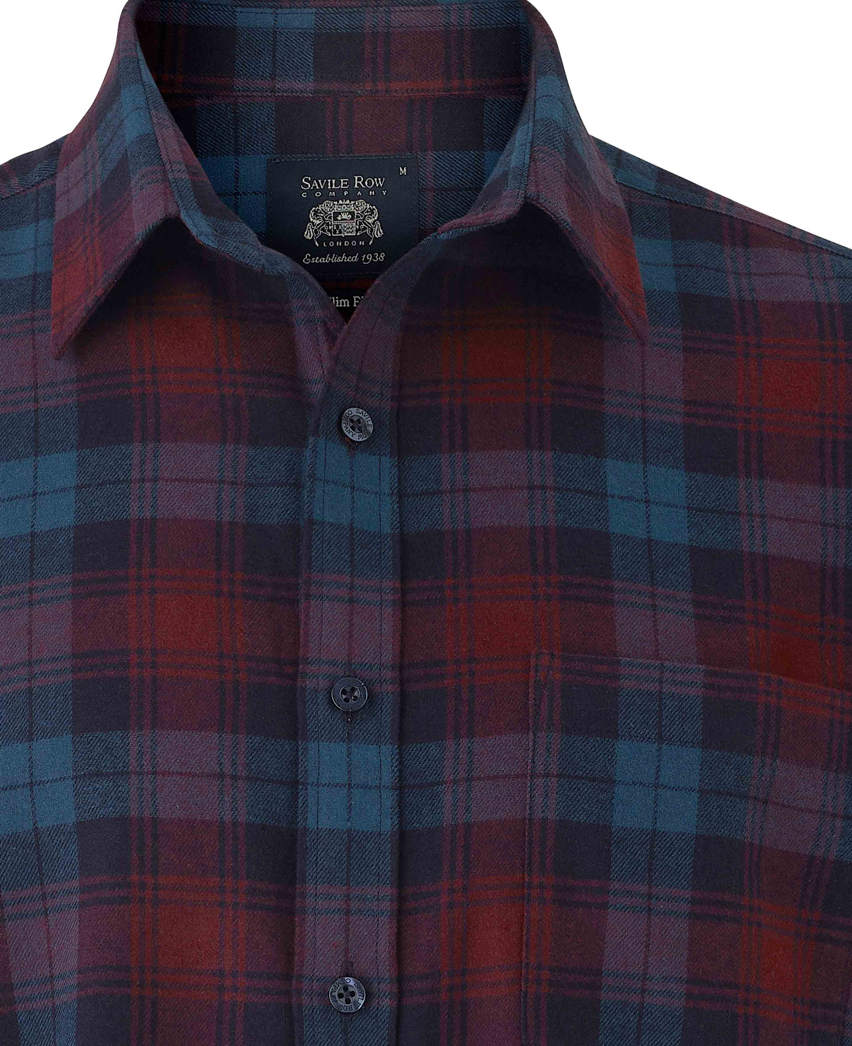 Burgundy Navy Brushed Cotton Check Slim Fit Casual Shirt - Image 4