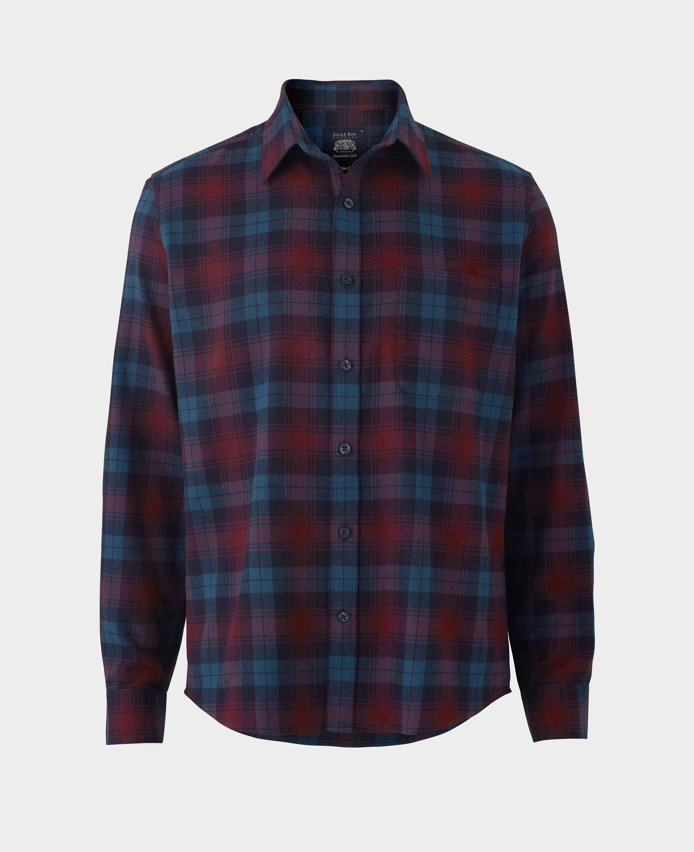 Burgundy Navy Brushed Cotton Check Slim Fit Casual Shirt - Image 5