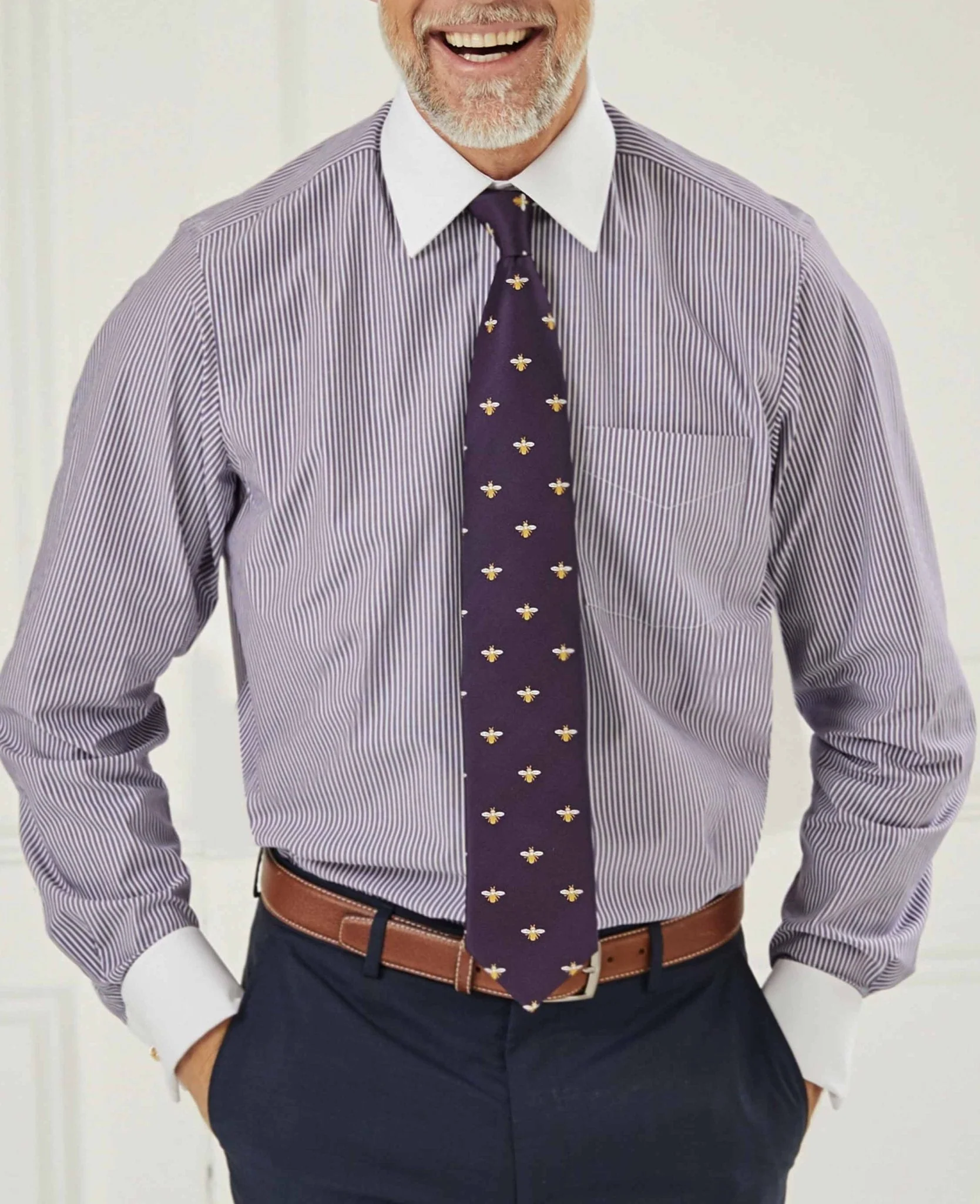 Dark Navy White Stripe Cotton Poplin Classic Fit Formal Shirt - Double White Cuff & White Collar - Image 4