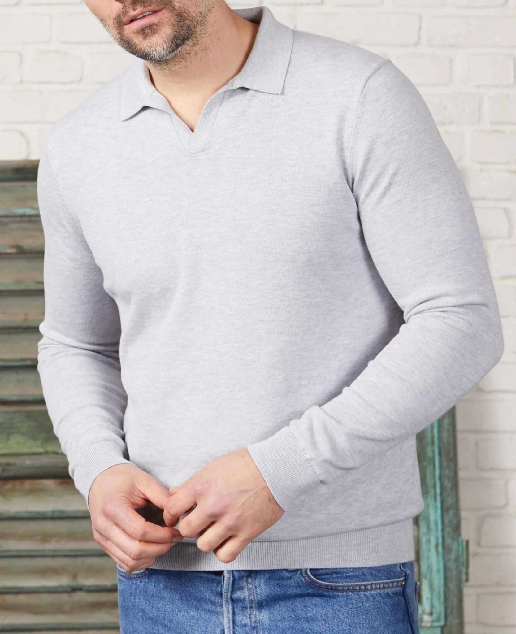 Light Grey Cotton-Blend Open Collar Knit Polo [RTC] - Image 5