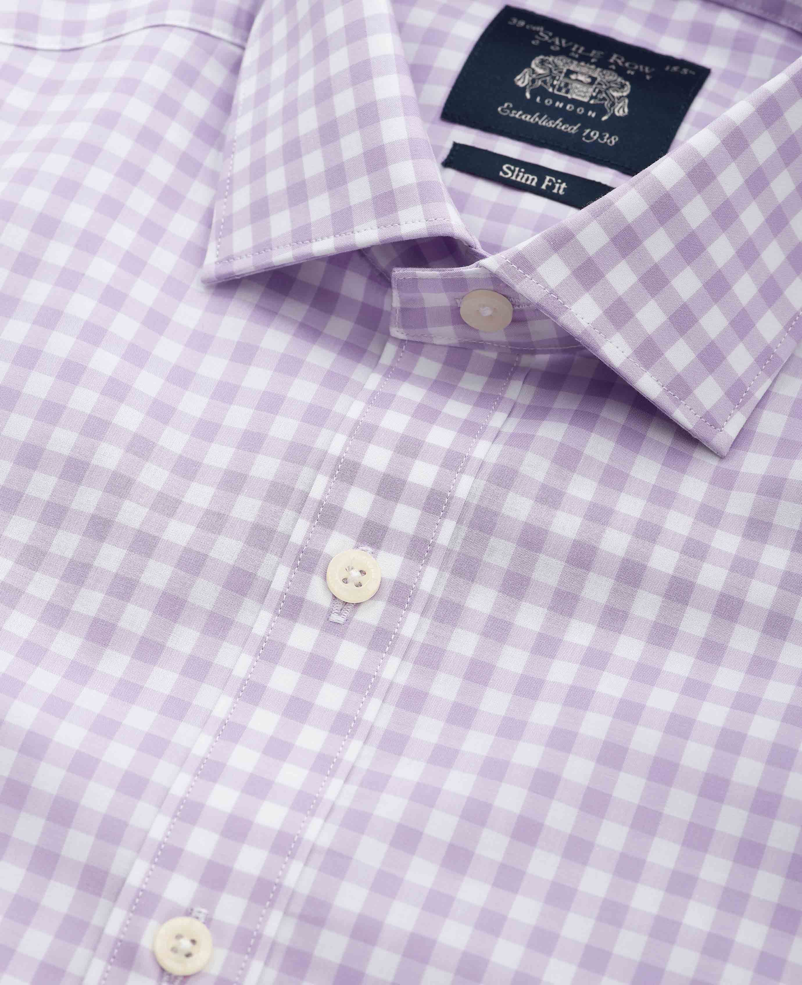 Lilac Cotton Gingham Check Slim Fit Formal Shirt - Single Cuff - Image 4