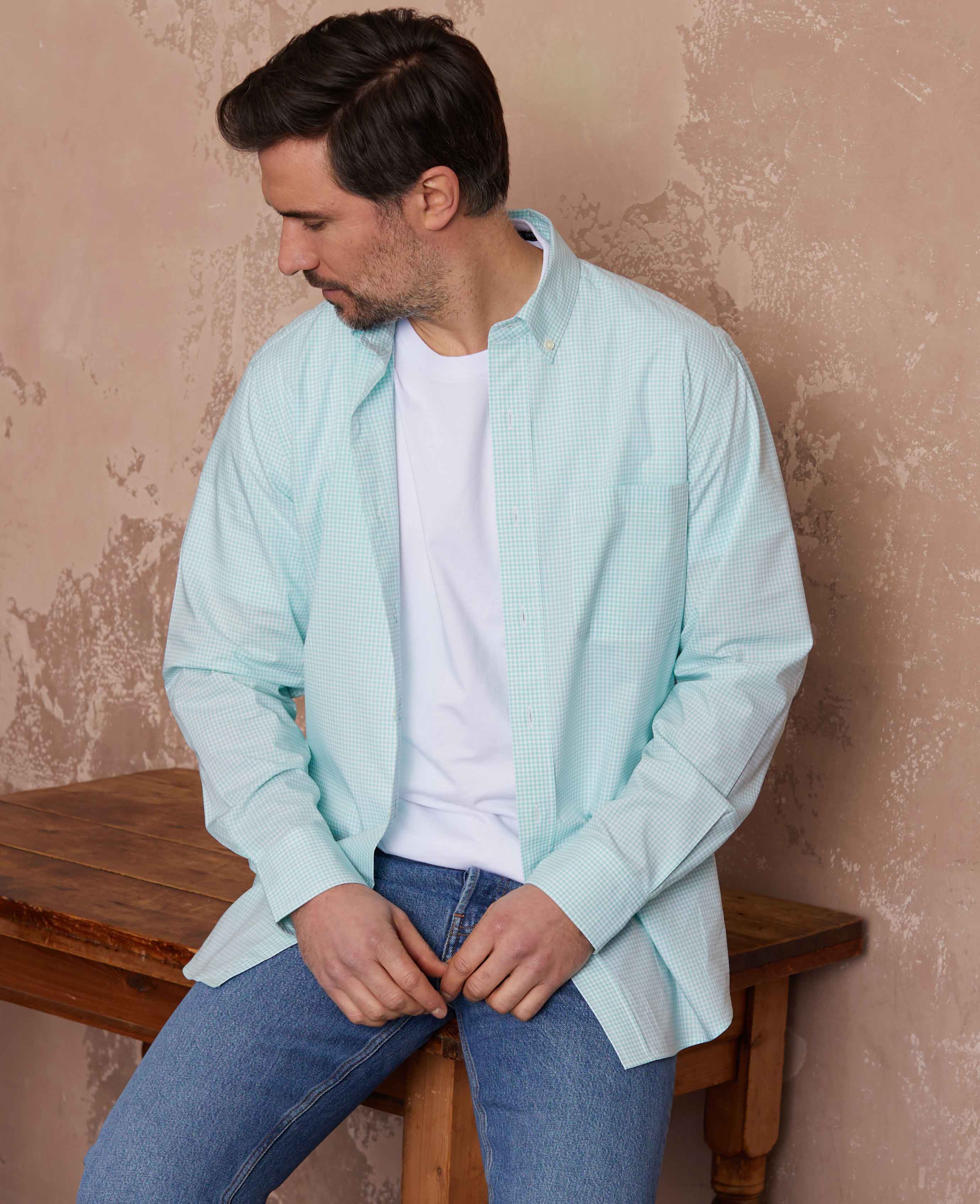 Mint Green Gingham Check Classic Fit Button-Down Shirt - Image 8