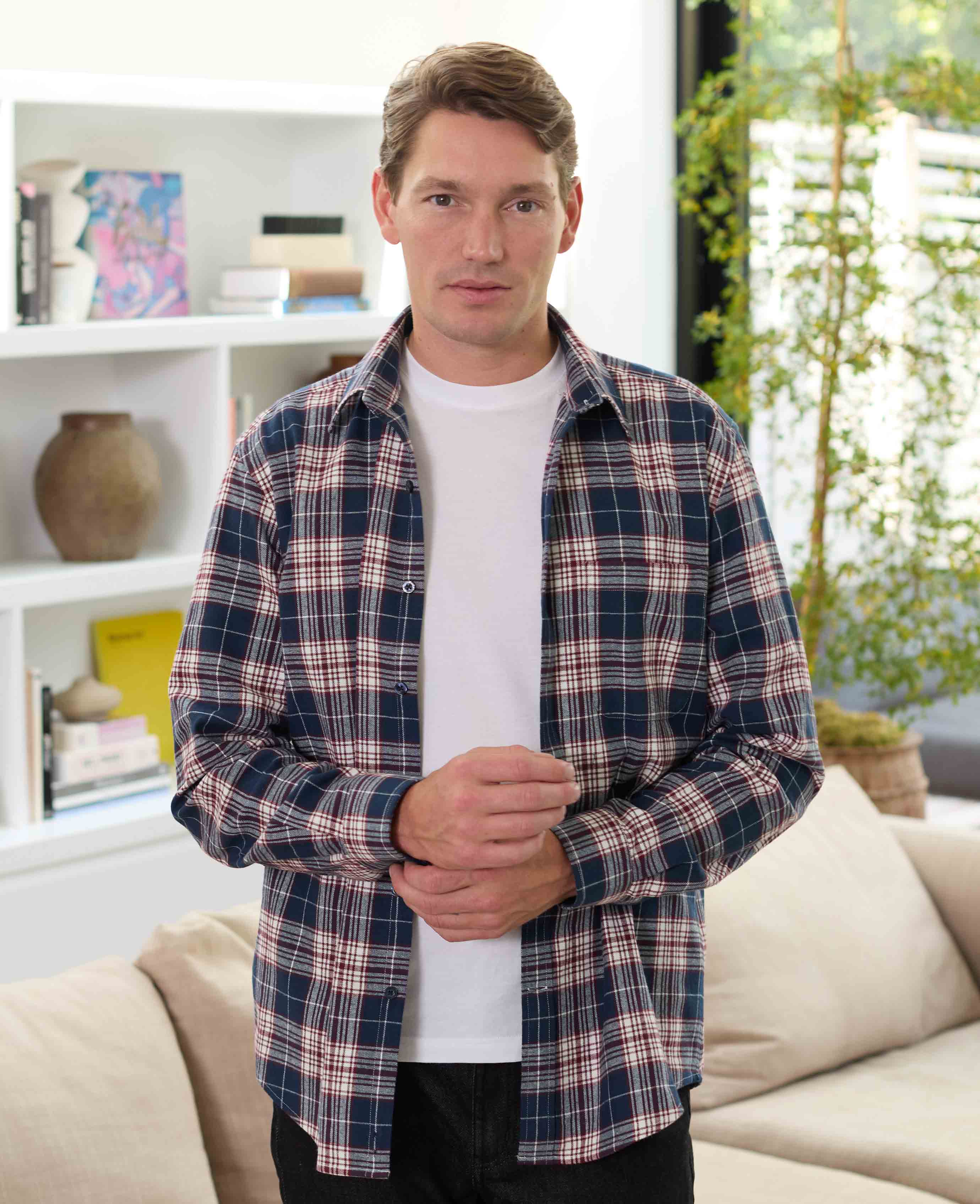 Navy Burgundy Brushed Cotton Check Classic Fit Casual Shirt - Image 3