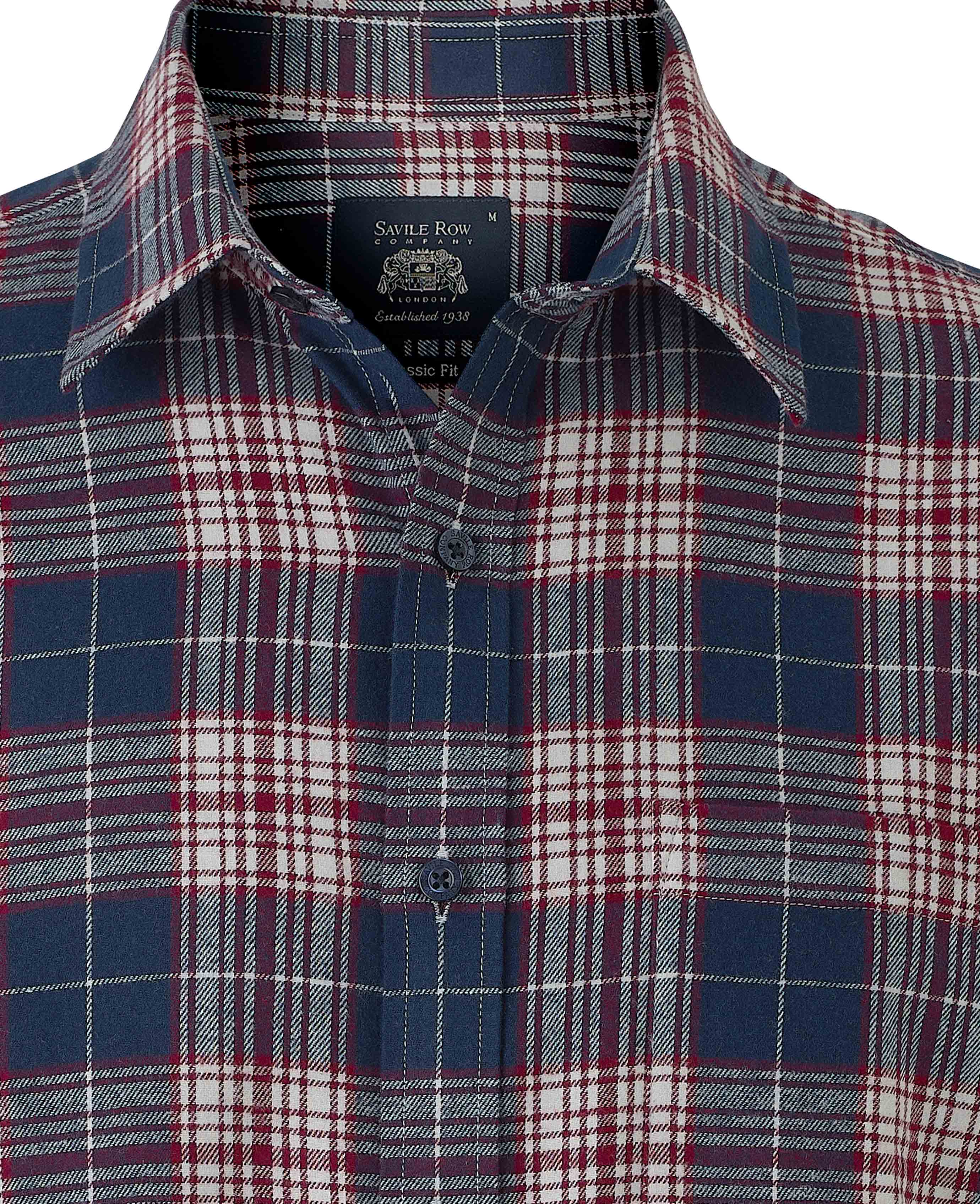 Navy Burgundy Brushed Cotton Check Classic Fit Casual Shirt - Image 4