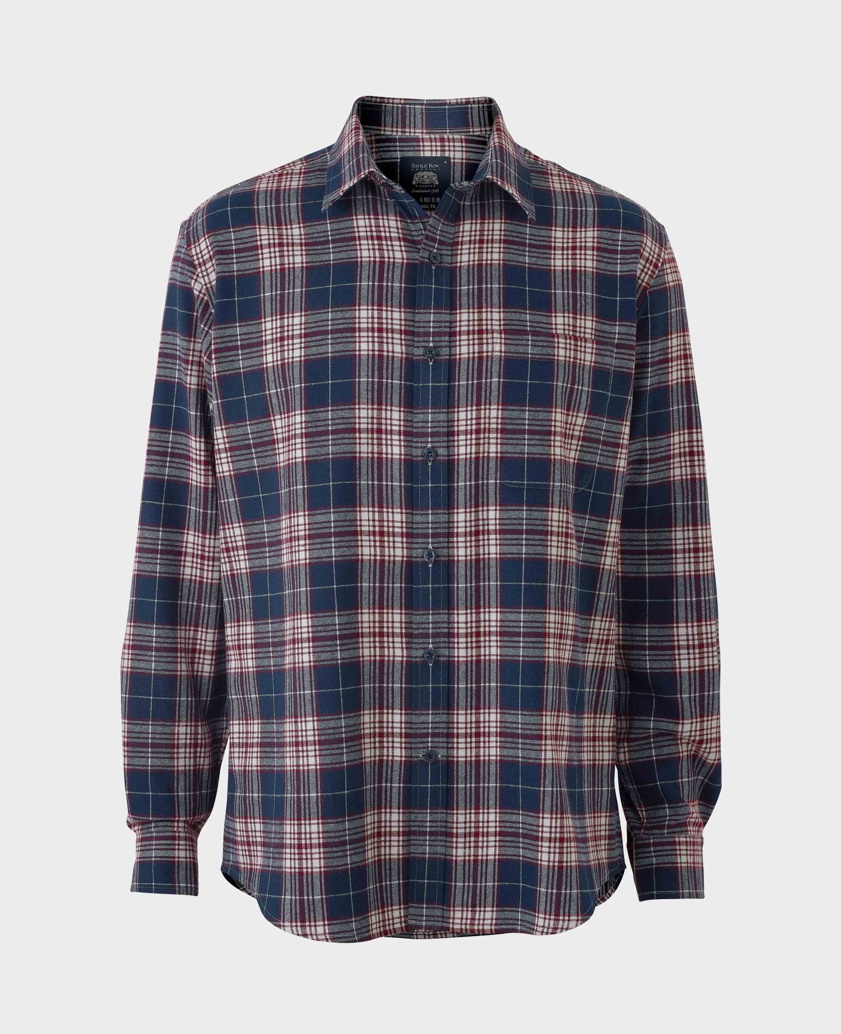 Navy Burgundy Brushed Cotton Check Classic Fit Casual Shirt - Image 5