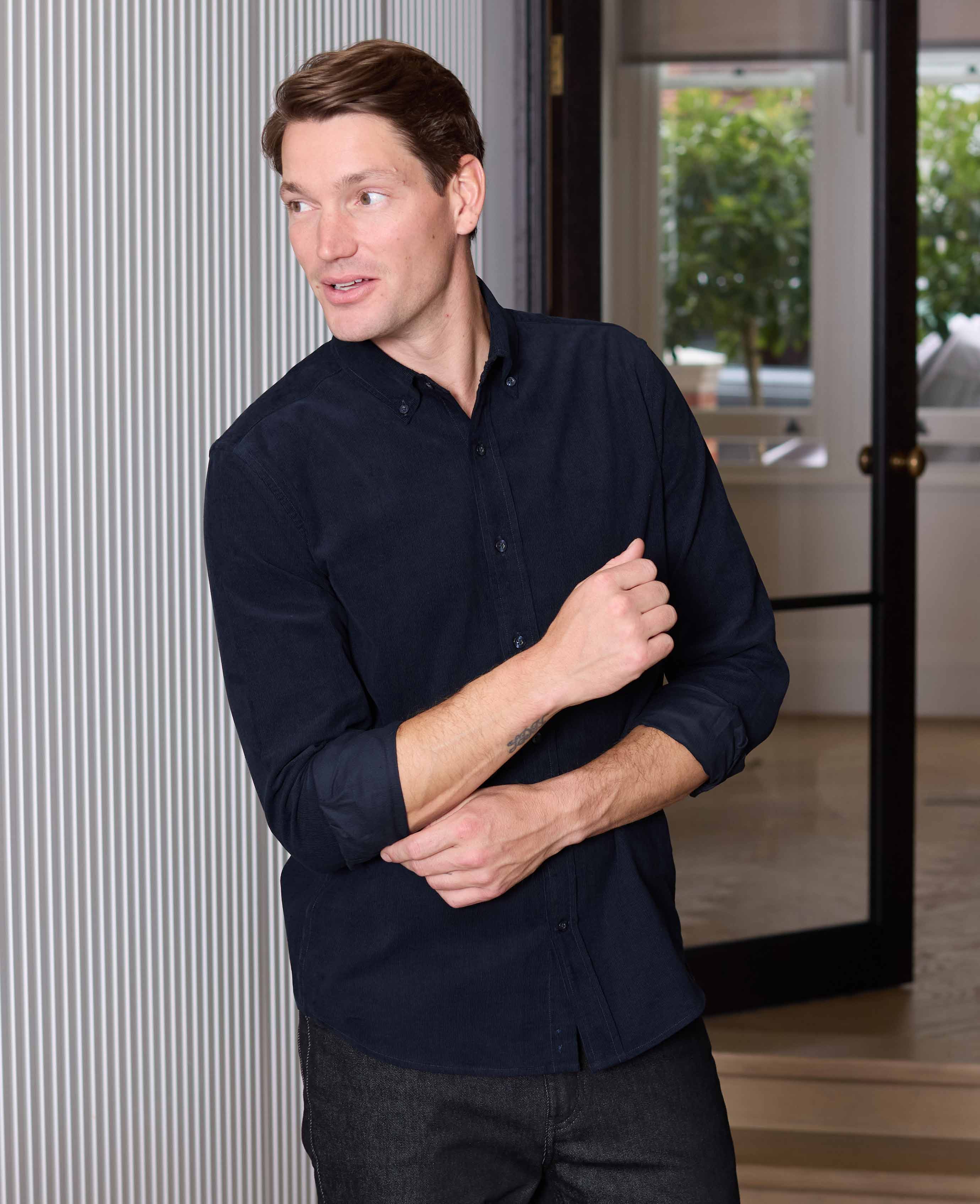 Navy Cotton Babycord Slim Fit Button-Down Casual Shirt - Image 3