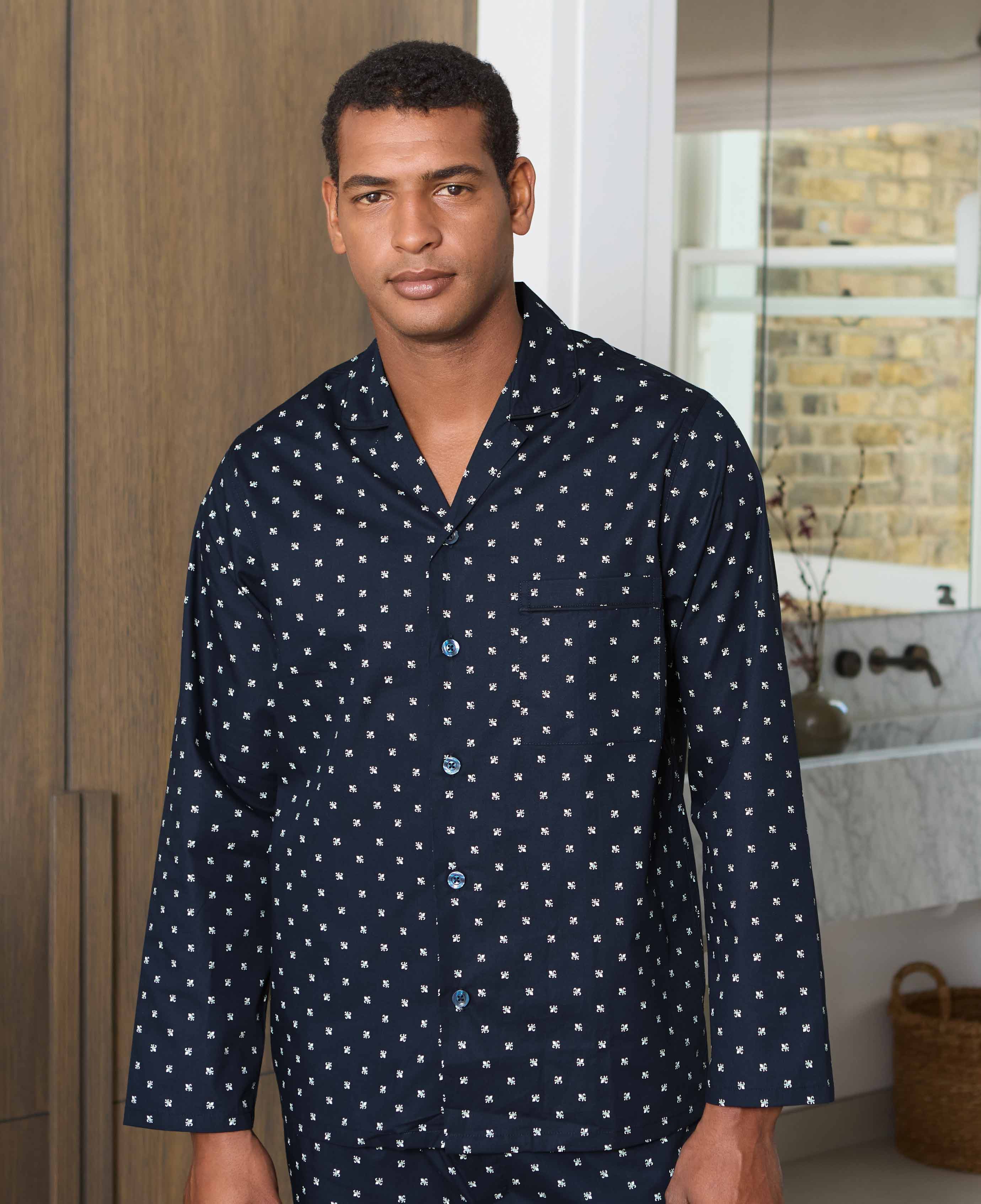 Navy Cotton Fleur De Lys Print Pyjamas - Image 3