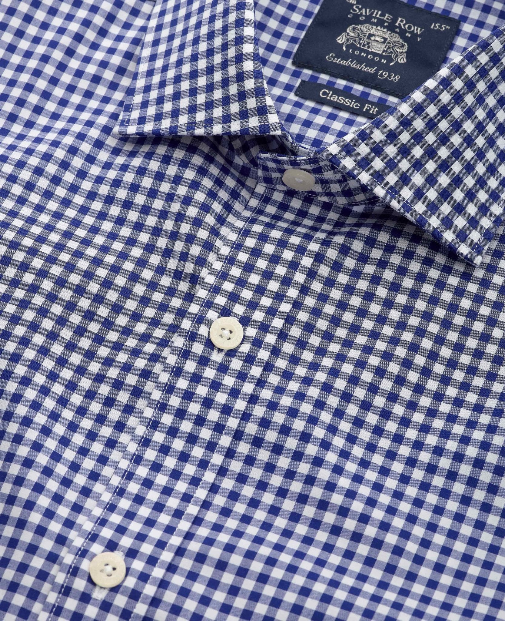 Navy Cotton Poplin Gingham Check Classic Fit Formal Shirt - Single Cuff - Image 3