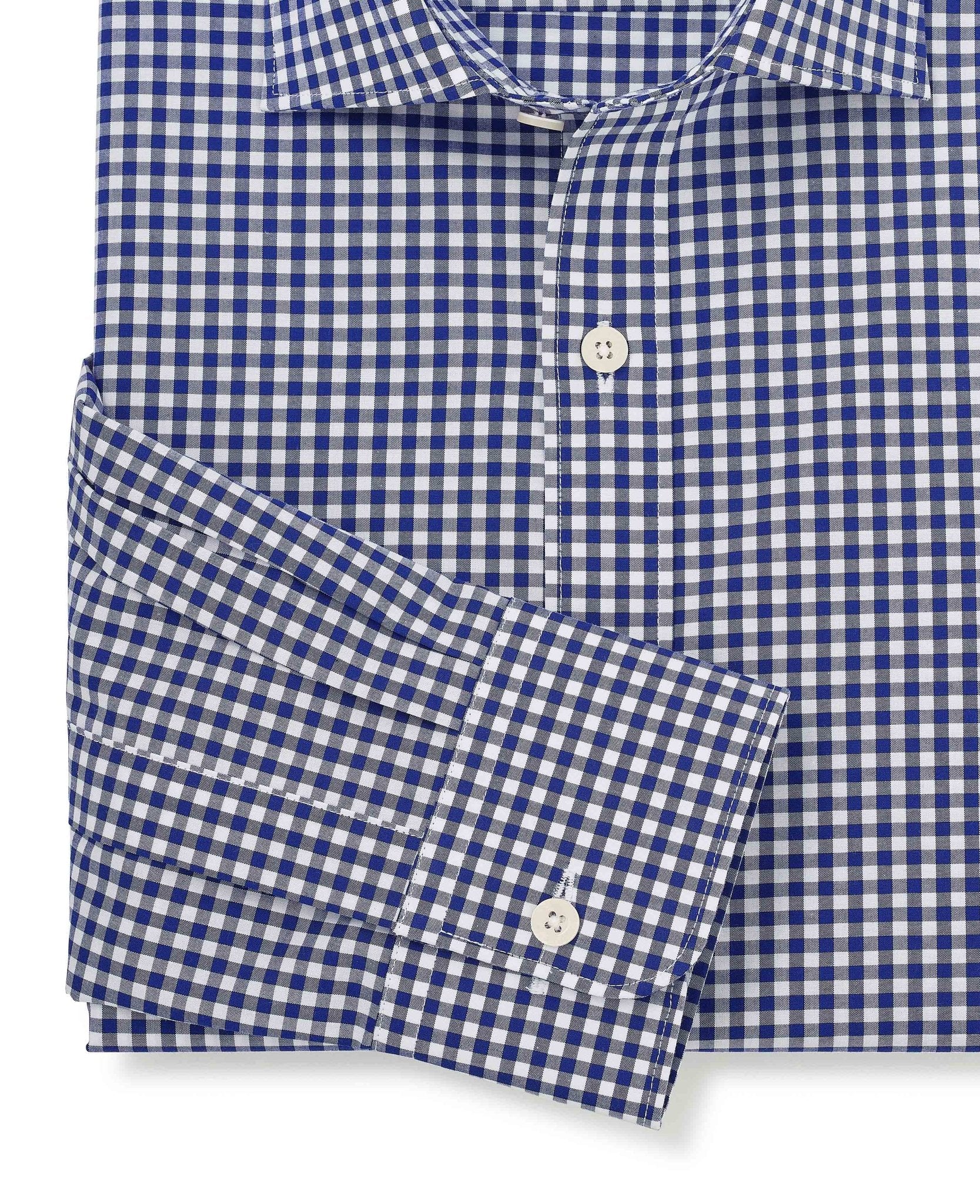 Navy Cotton Poplin Gingham Check Classic Fit Formal Shirt - Single Cuff - Image 5