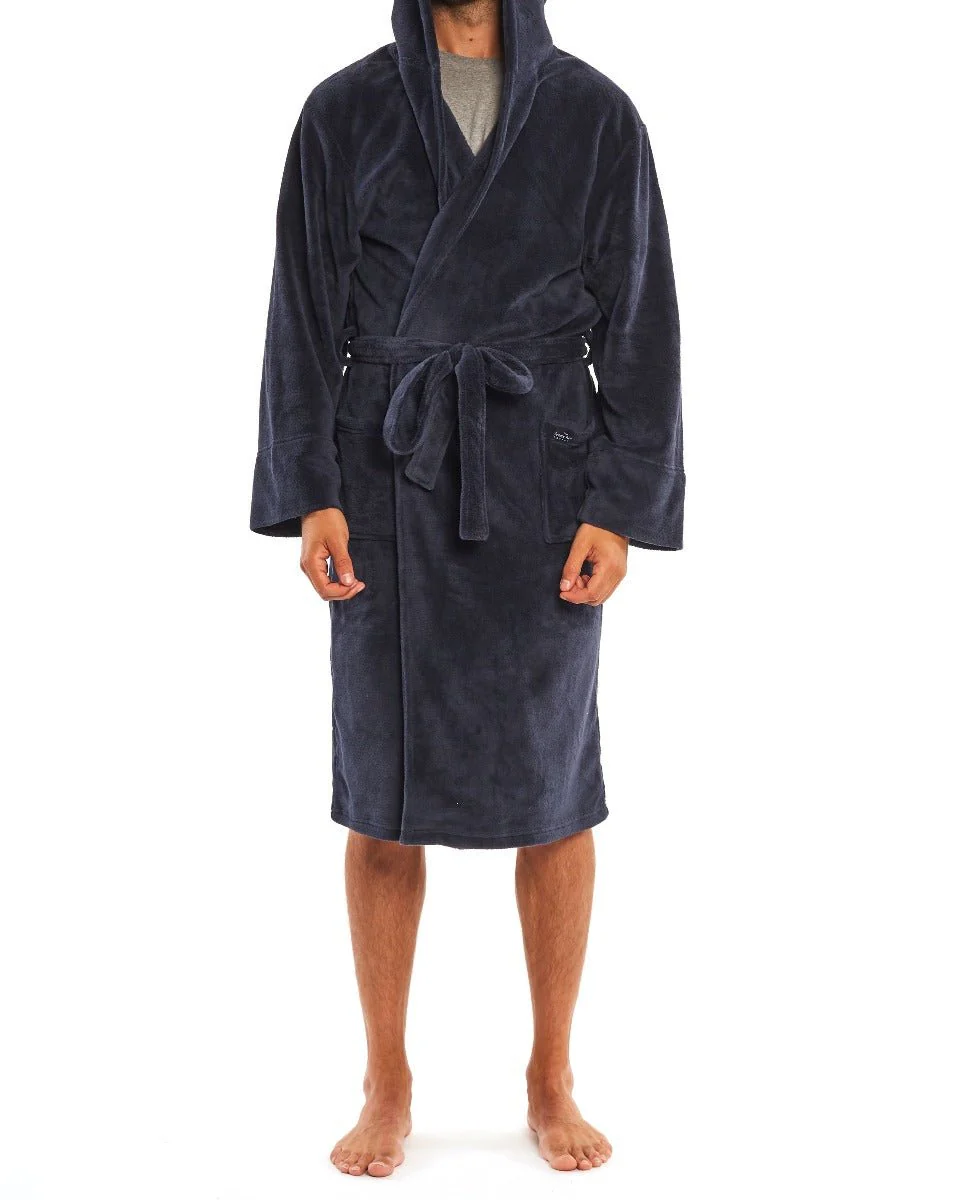 Navy Fleece Dressing Gown With Hood - Image 5