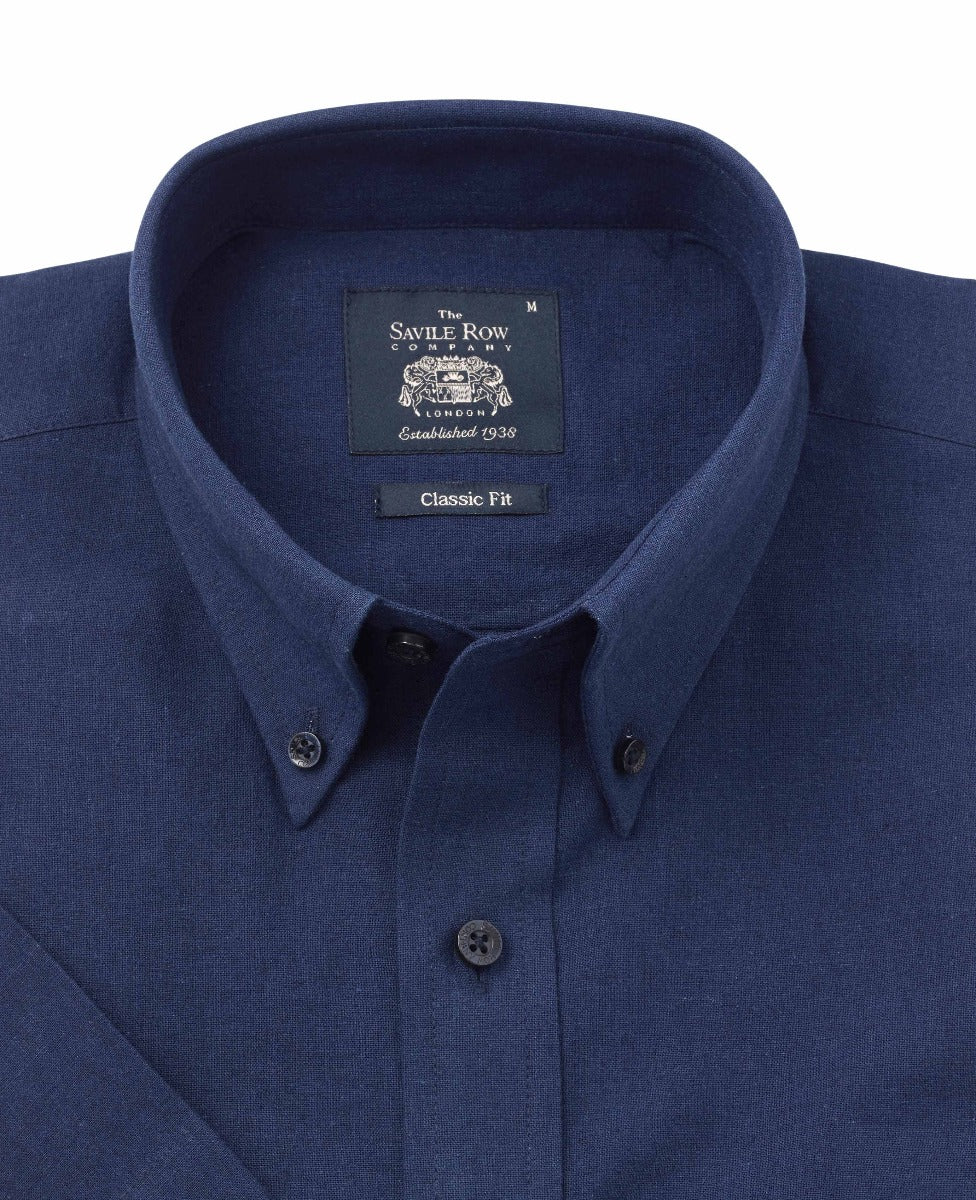 Navy Linen-Blend Classic Fit Short Sleeve Shirt - Image 3