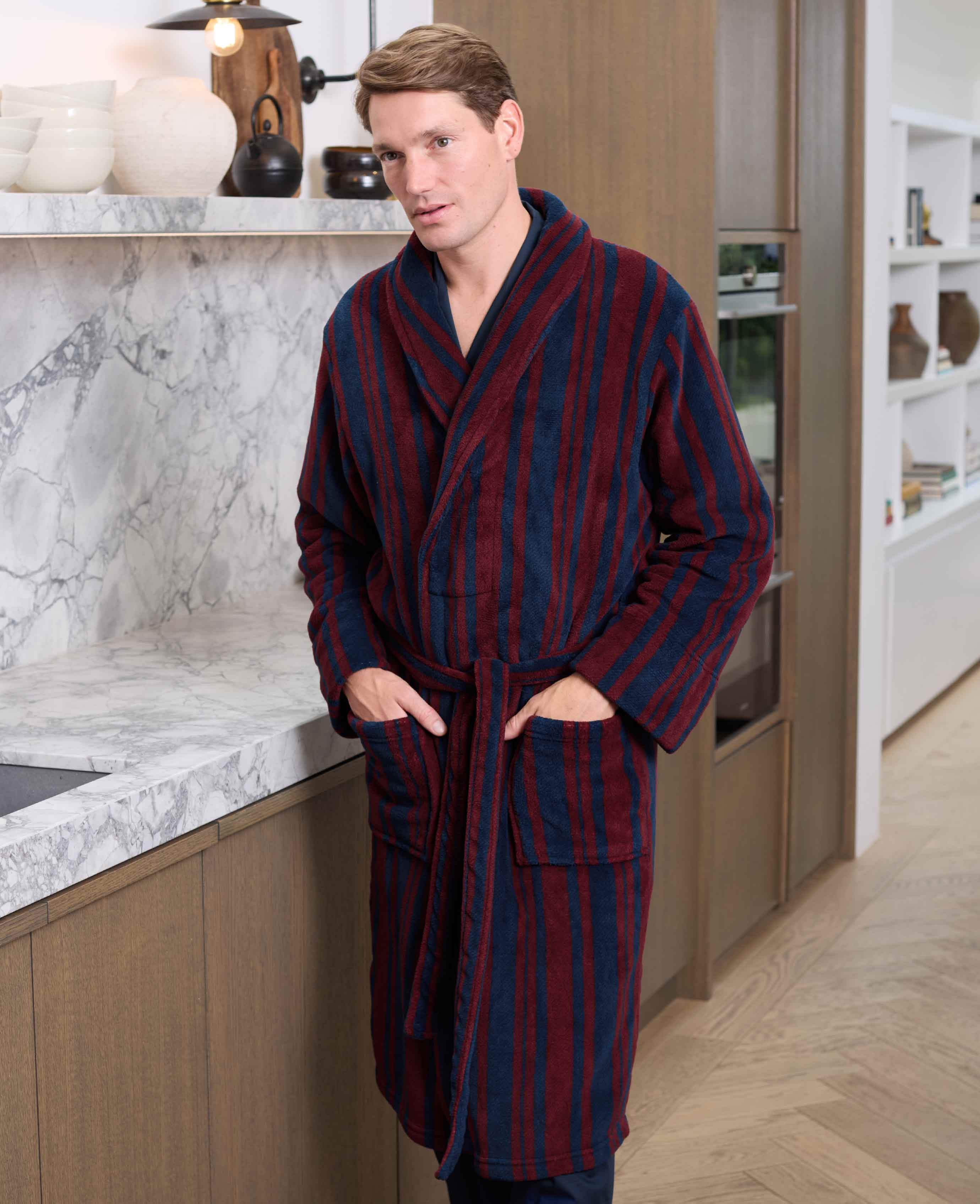 Navy Multi Stripe Super Soft Fleece Dressing Gown - Image 3