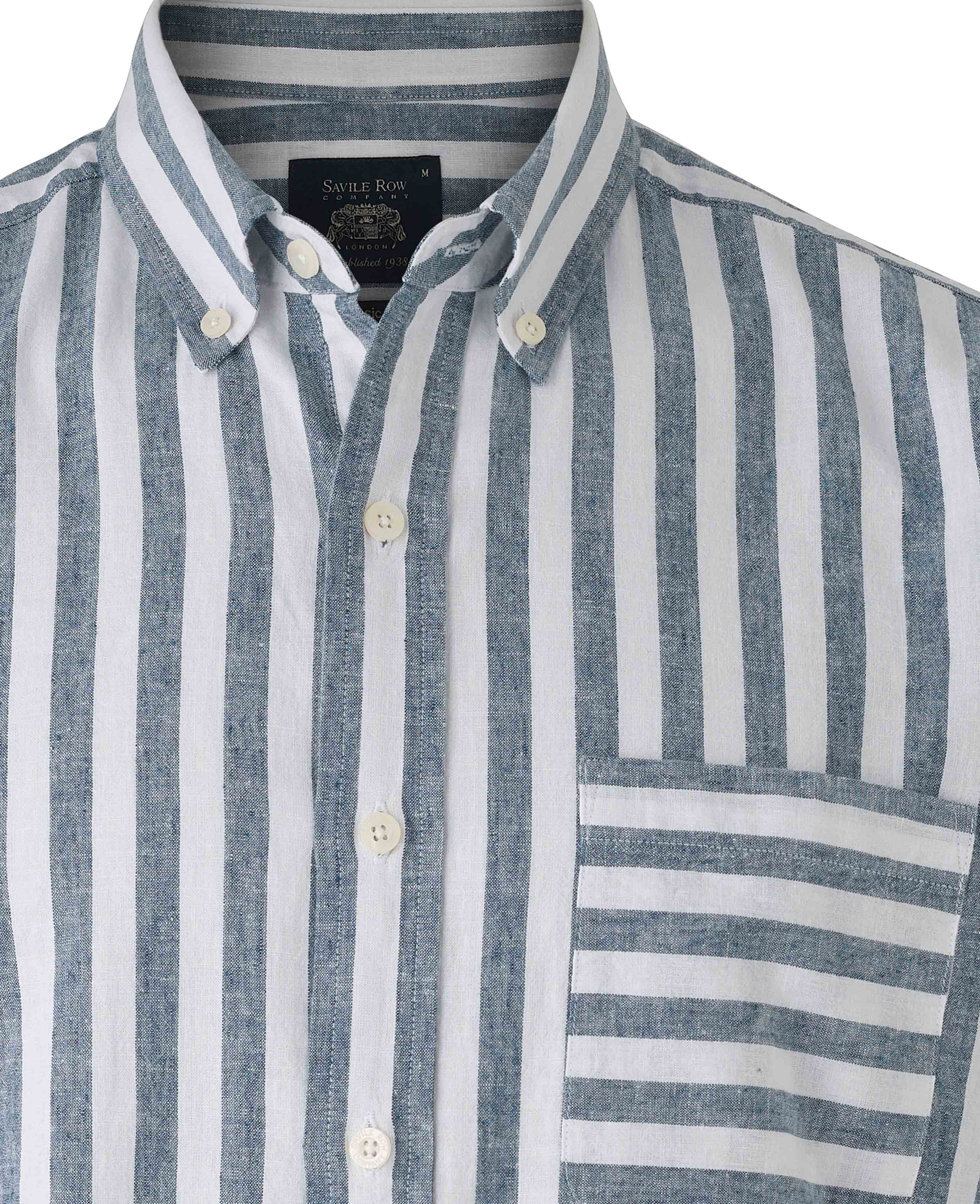 Navy White Bold Stripe Linen Cotton Classic Fit Short Sleeve Shirt - Image 3