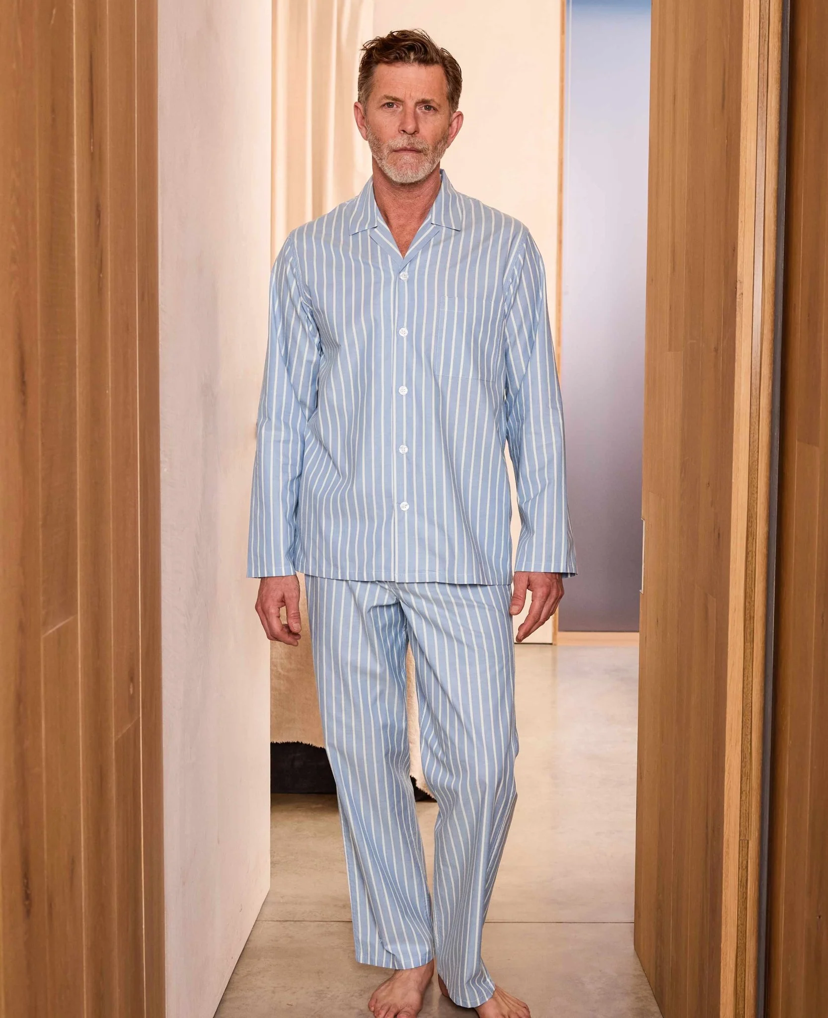 Pale Blue Cotton Twill Wide Stripe Pyjamas - Image 3