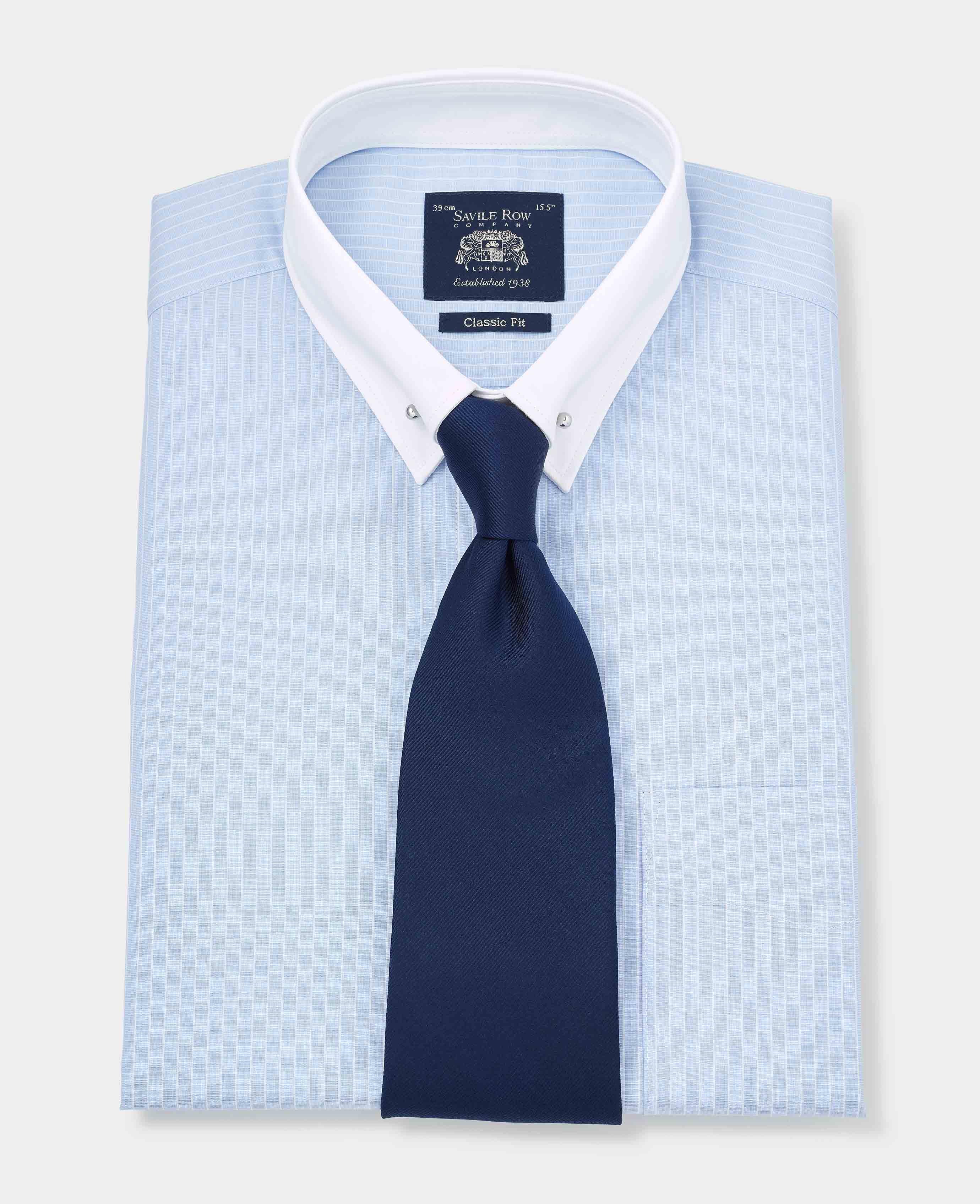 Sky Blue White Stripe Classic Fit Pin Collar Formal Shirt With White Collar & Cuffs - Double Cuff - Image 3