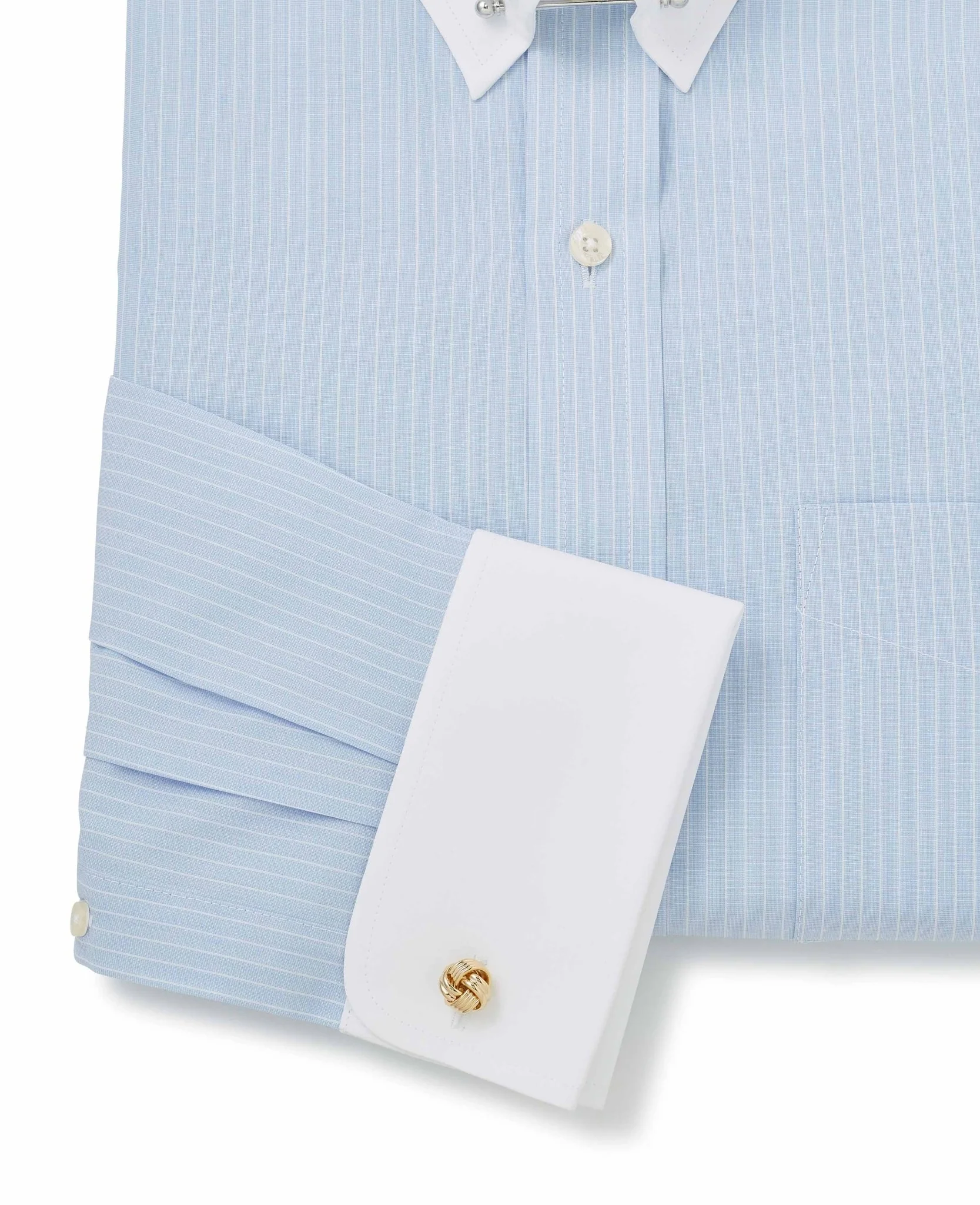Sky Blue White Stripe Classic Fit Pin Collar Formal Shirt With White Collar & Cuffs - Double Cuff - Image 6