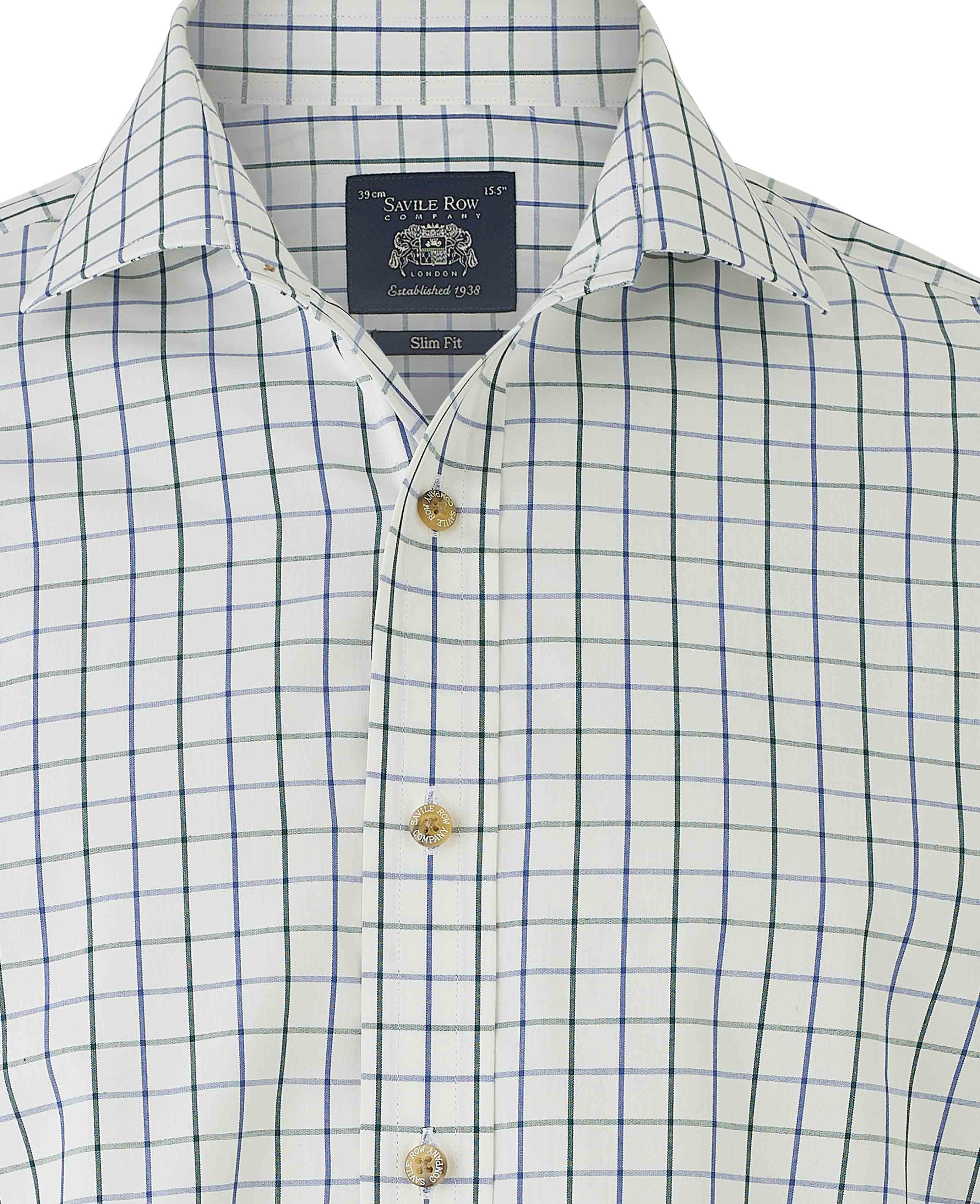 White Blue Cotton Tattersall Check Slim Fit Formal Shirt - Single Cuff - Image 3