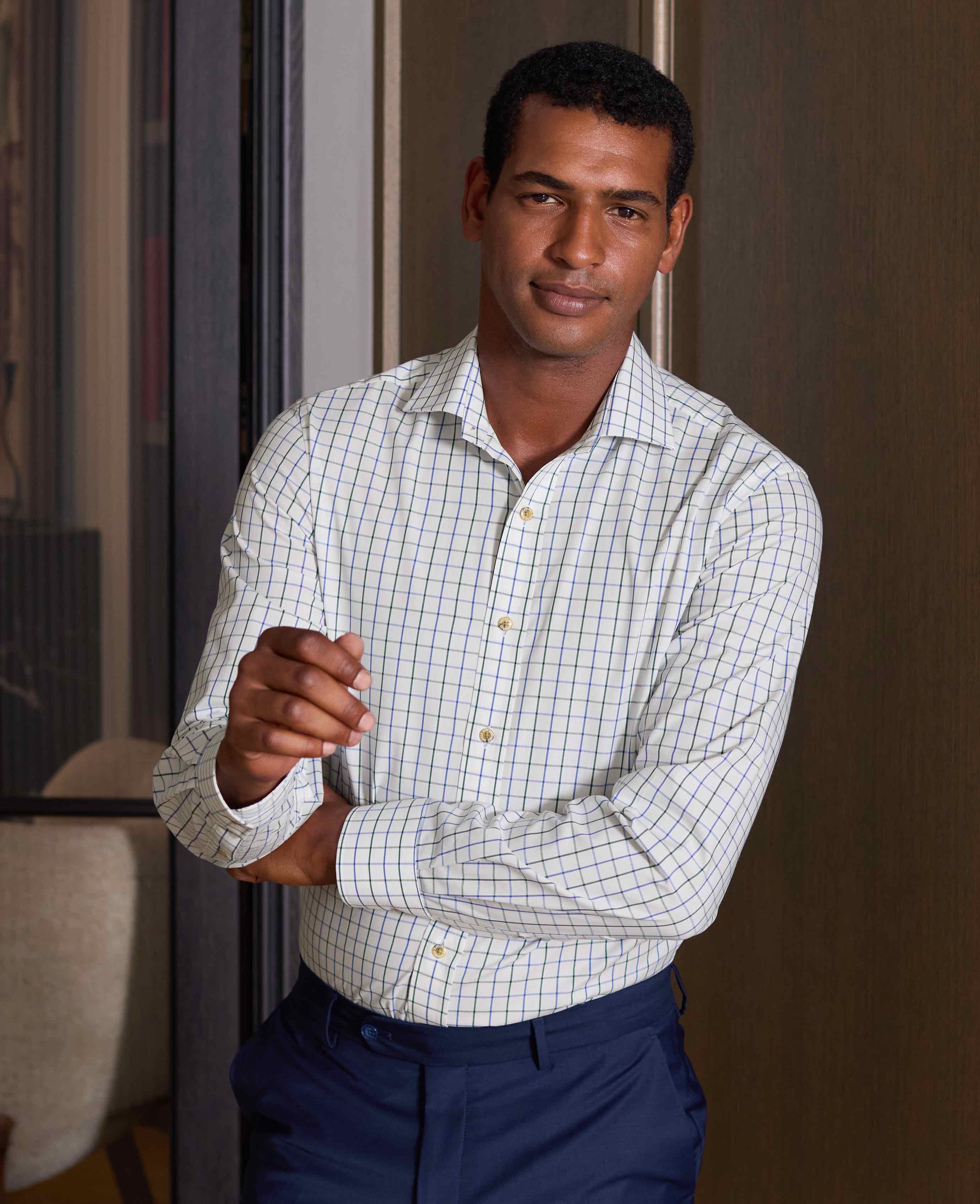 White Blue Cotton Tattersall Check Slim Fit Formal Shirt - Single Cuff - Image 4