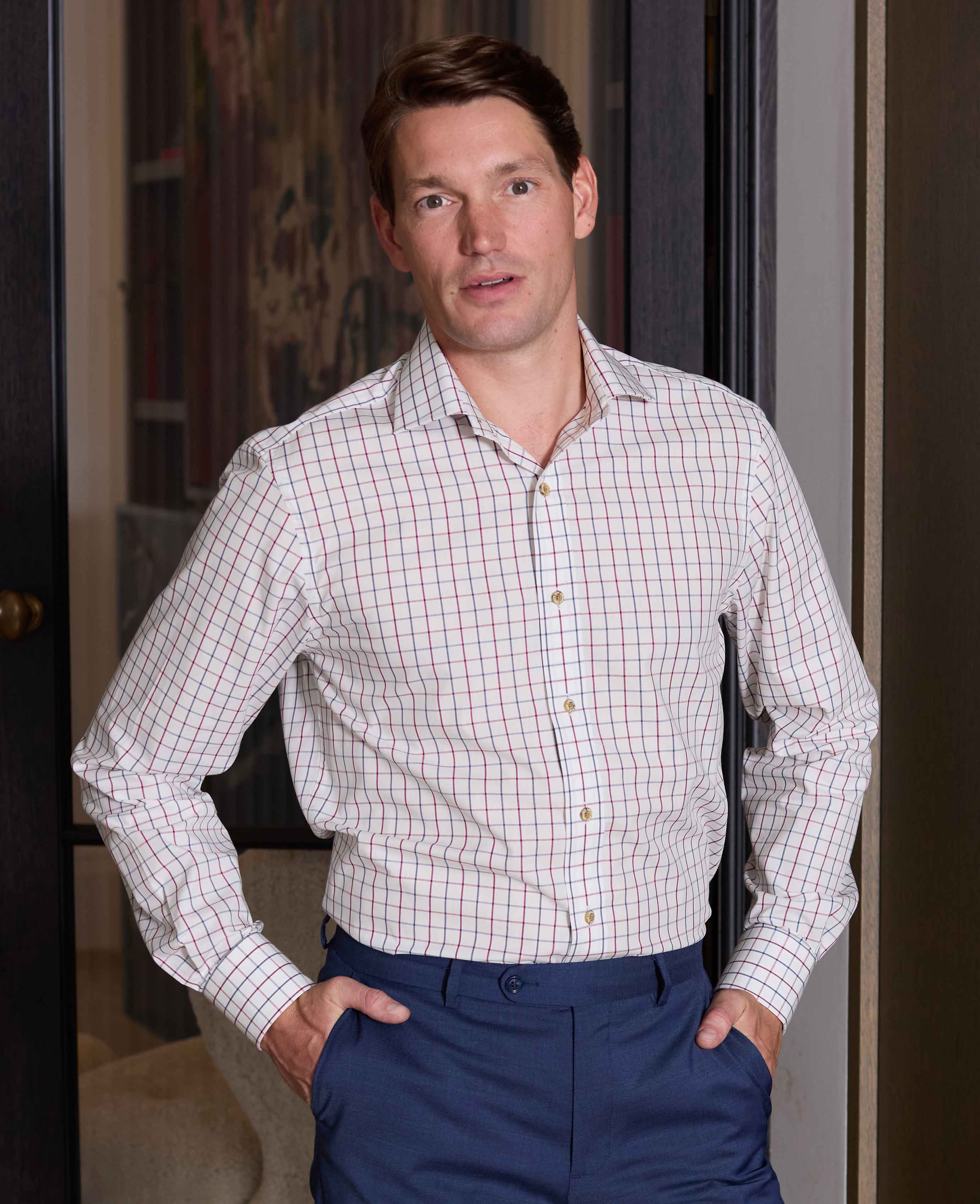 White Burgundy Cotton Tattersall Check Slim Fit Formal Shirt - Single Cuff - Image 4