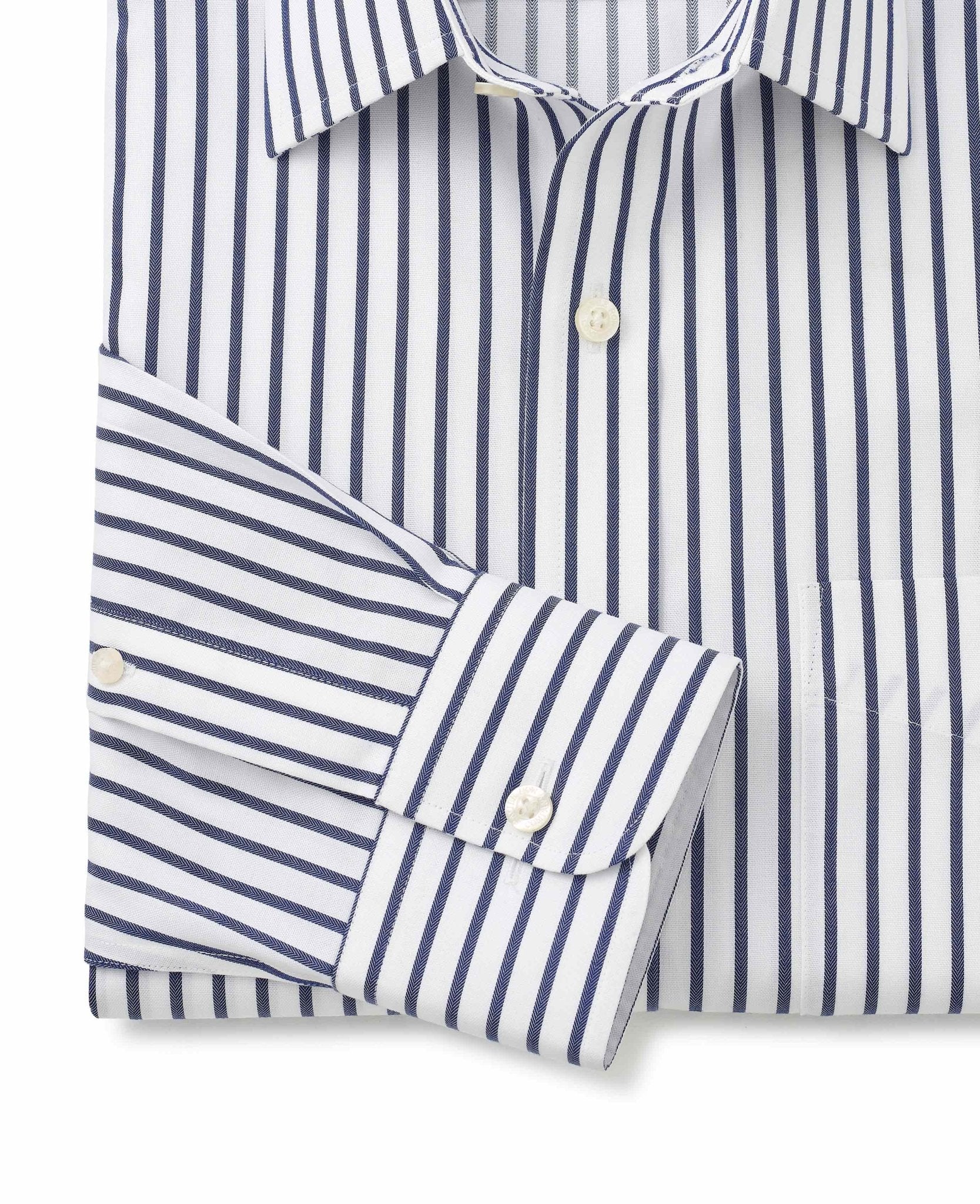 White Navy Stripe Classic Fit Non-Iron Shirt - Single Cuff - Image 5