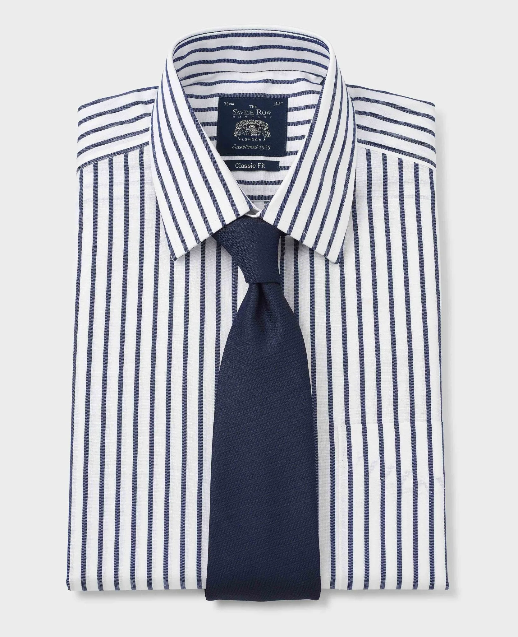 White Navy Stripe Classic Fit Non-Iron Shirt - Single Cuff - Image 7