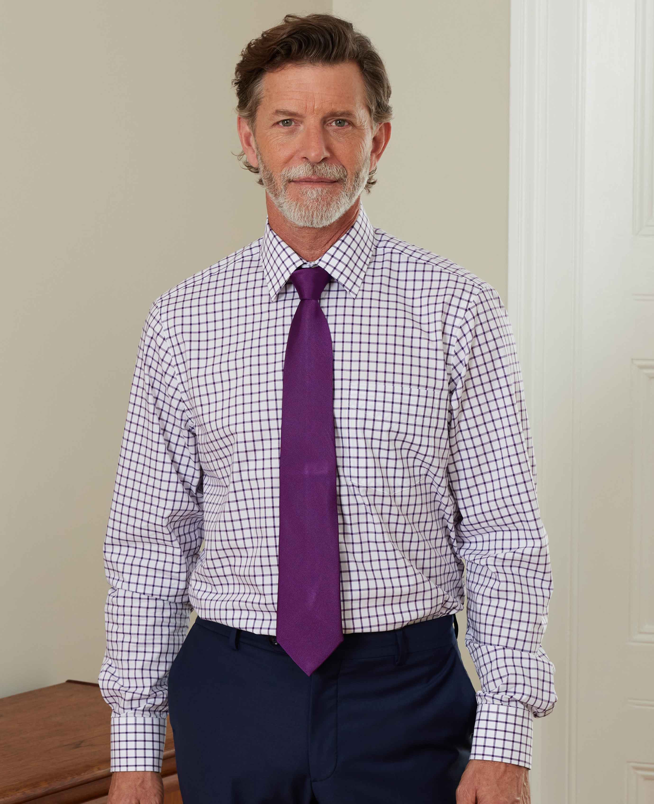 White Purple Cotton Grid Check Classic Fit Formal Shirt - Single Cuff - Image 3